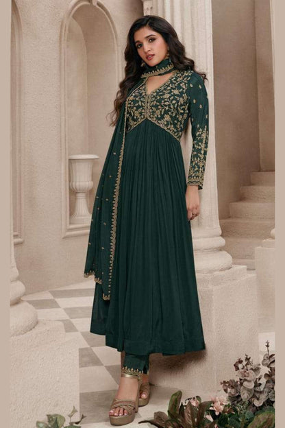 Green Chinon Silk Anarkali Suit For Indian Festivals & Pakistani Weddings Dress - Embroidery Work