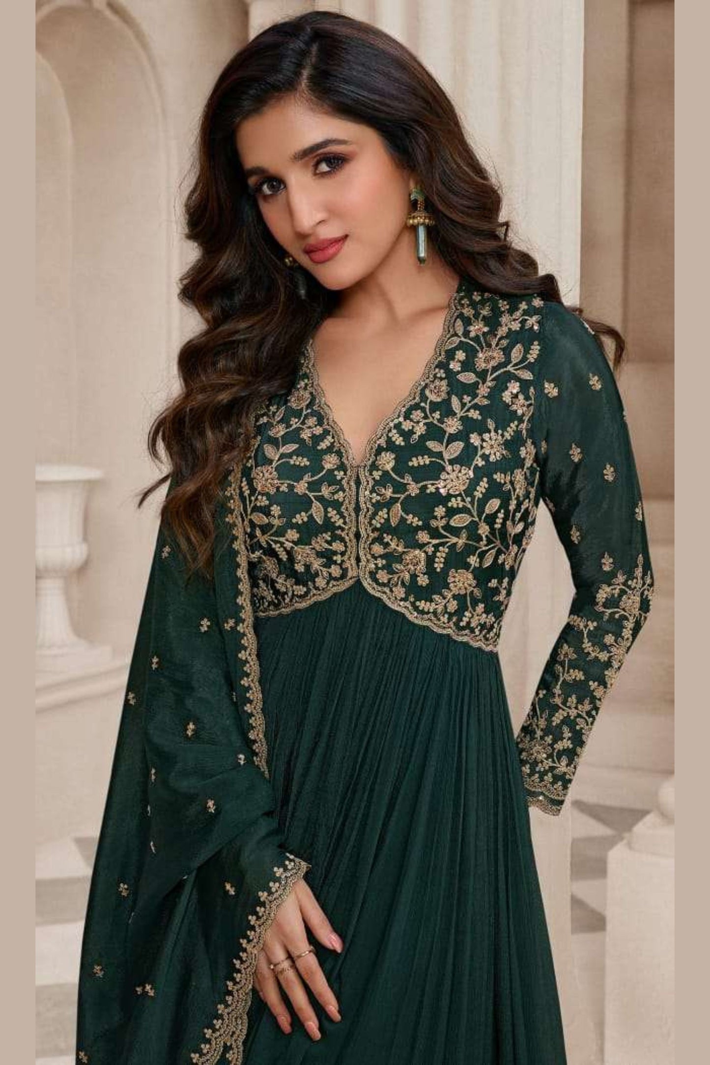 Green Chinon Silk Anarkali Suit For Indian Festivals & Pakistani Weddings Dress - Embroidery Work