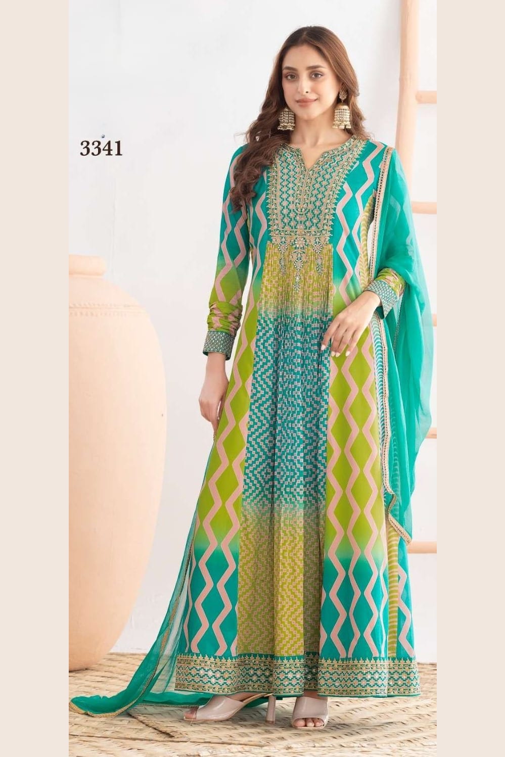 Green Chinon Silk Dual Color Anarkali Suit For Indian & Pakistani Wedding Festival - Motif Work, Print Work, Resham Embroidery Work