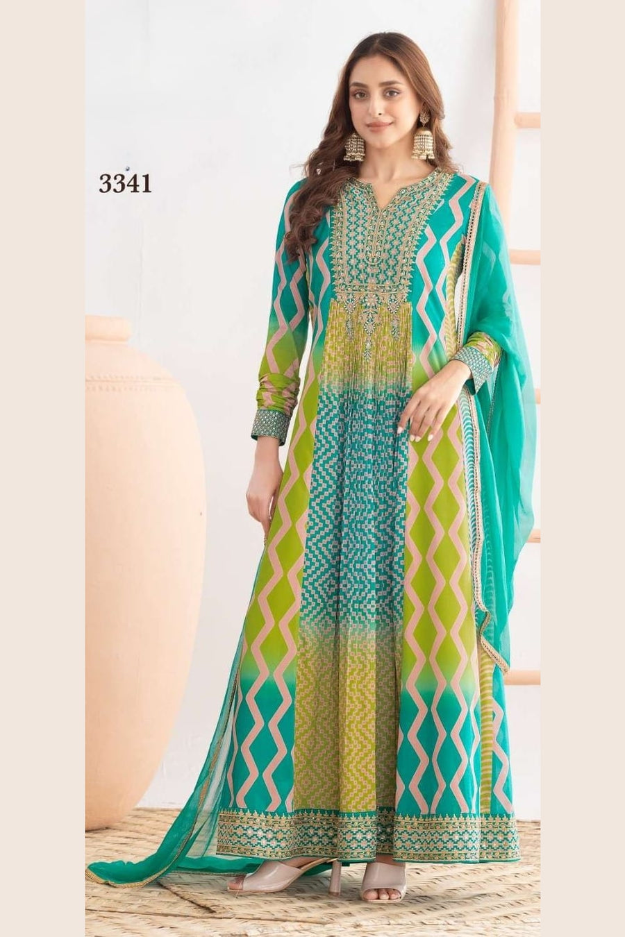 Green Chinon Silk Dual Color Anarkali Suit For Indian & Pakistani Wedding Festival - Motif Work, Print Work, Resham Embroidery Work