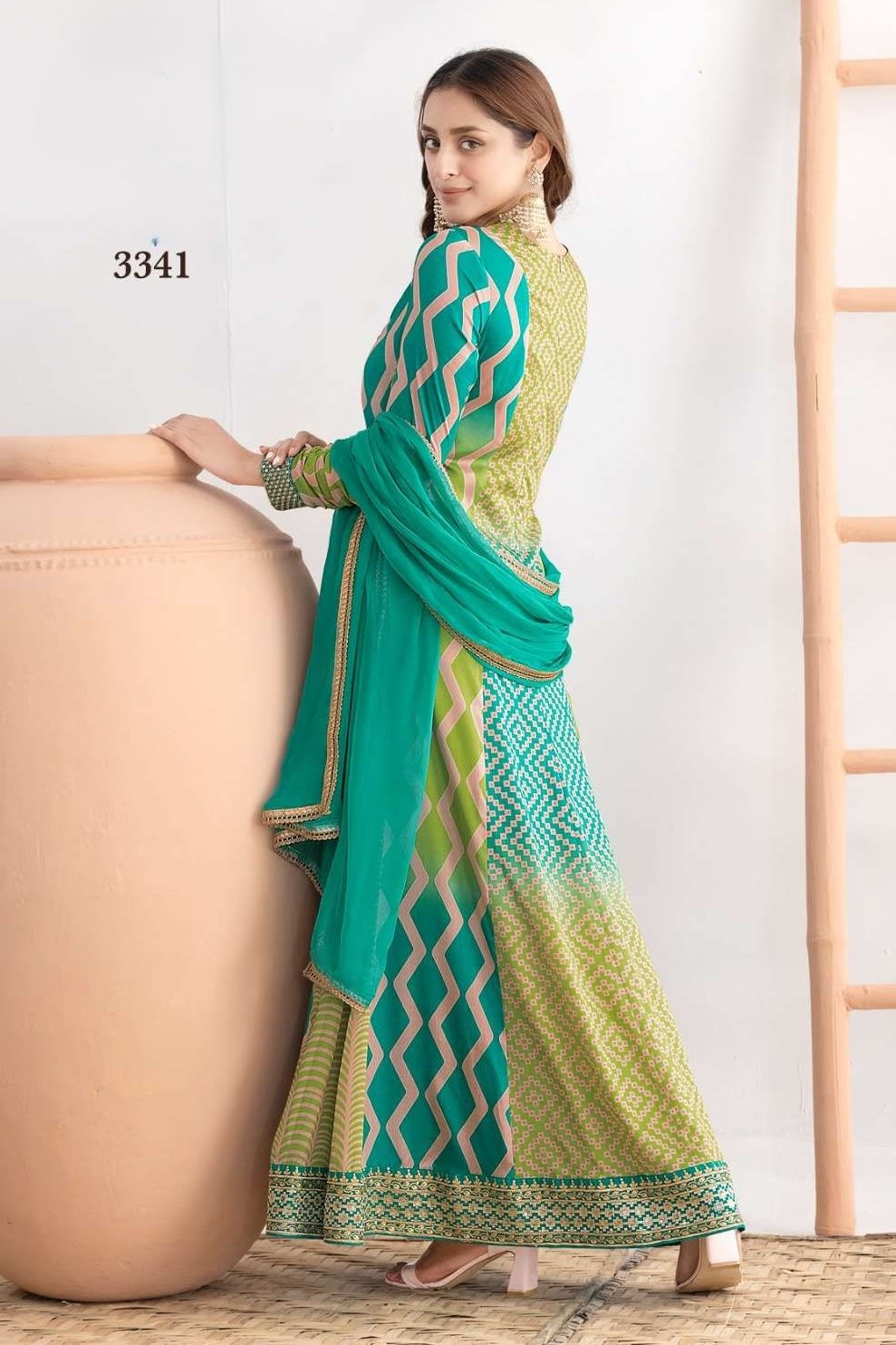 Green Chinon Silk Dual Color Anarkali Suit For Indian & Pakistani Wedding Festival - Motif Work, Print Work, Resham Embroidery Work