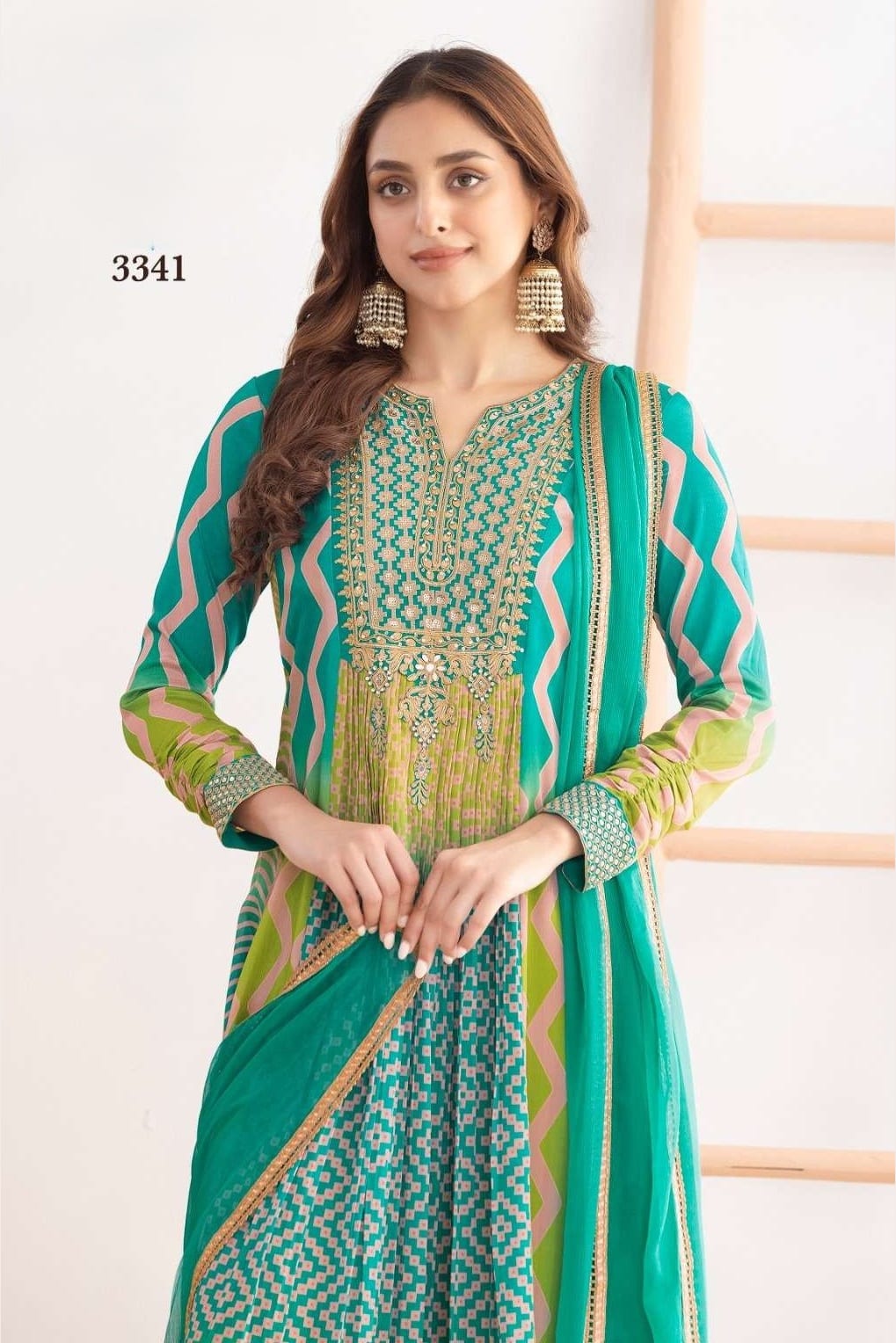 Green Chinon Silk Dual Color Anarkali Suit For Indian & Pakistani Wedding Festival - Motif Work, Print Work, Resham Embroidery Work