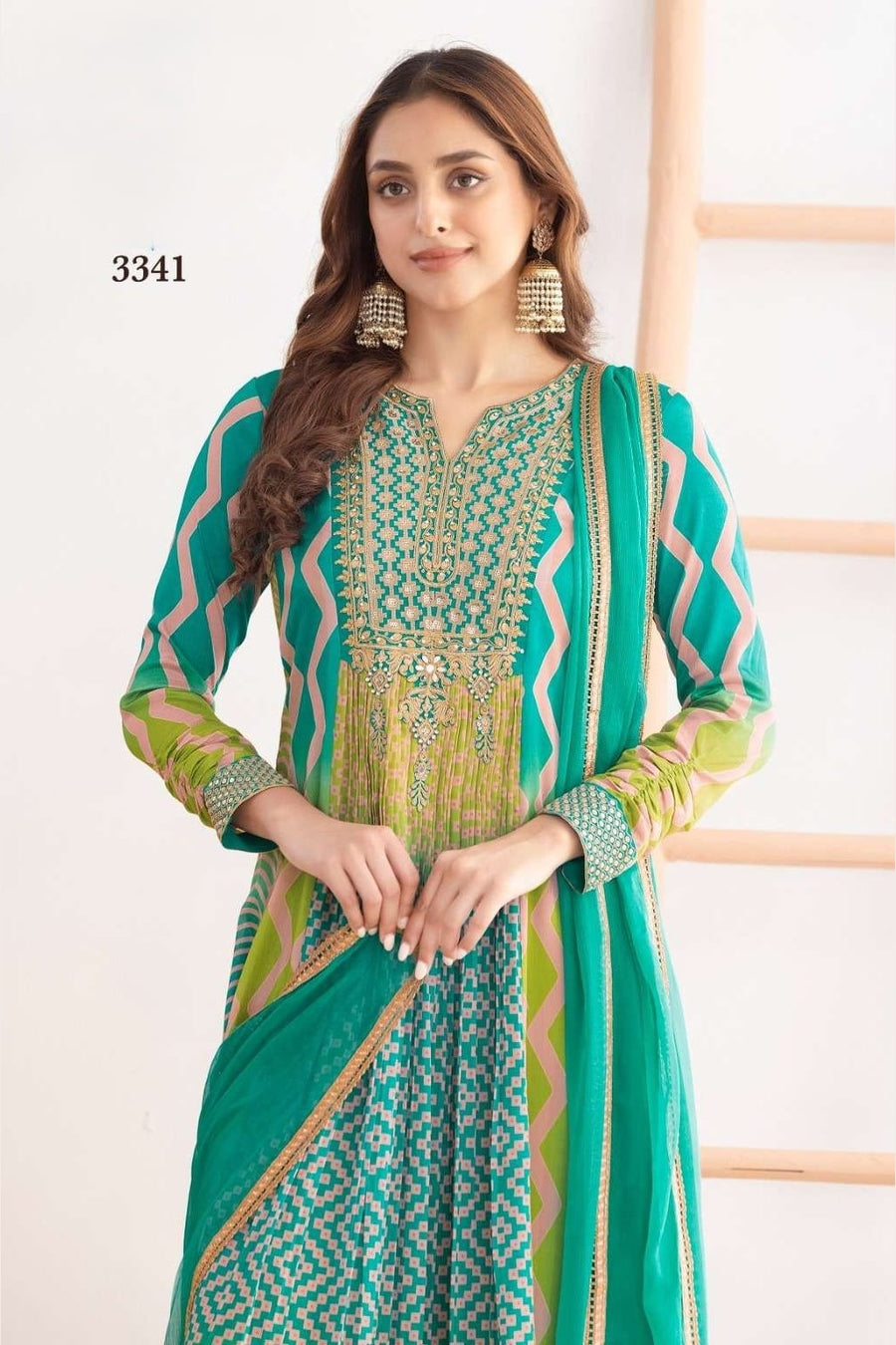 Green Chinon Silk Dual Color Anarkali Suit For Indian & Pakistani Wedding Festival - Motif Work, Print Work, Resham Embroidery Work