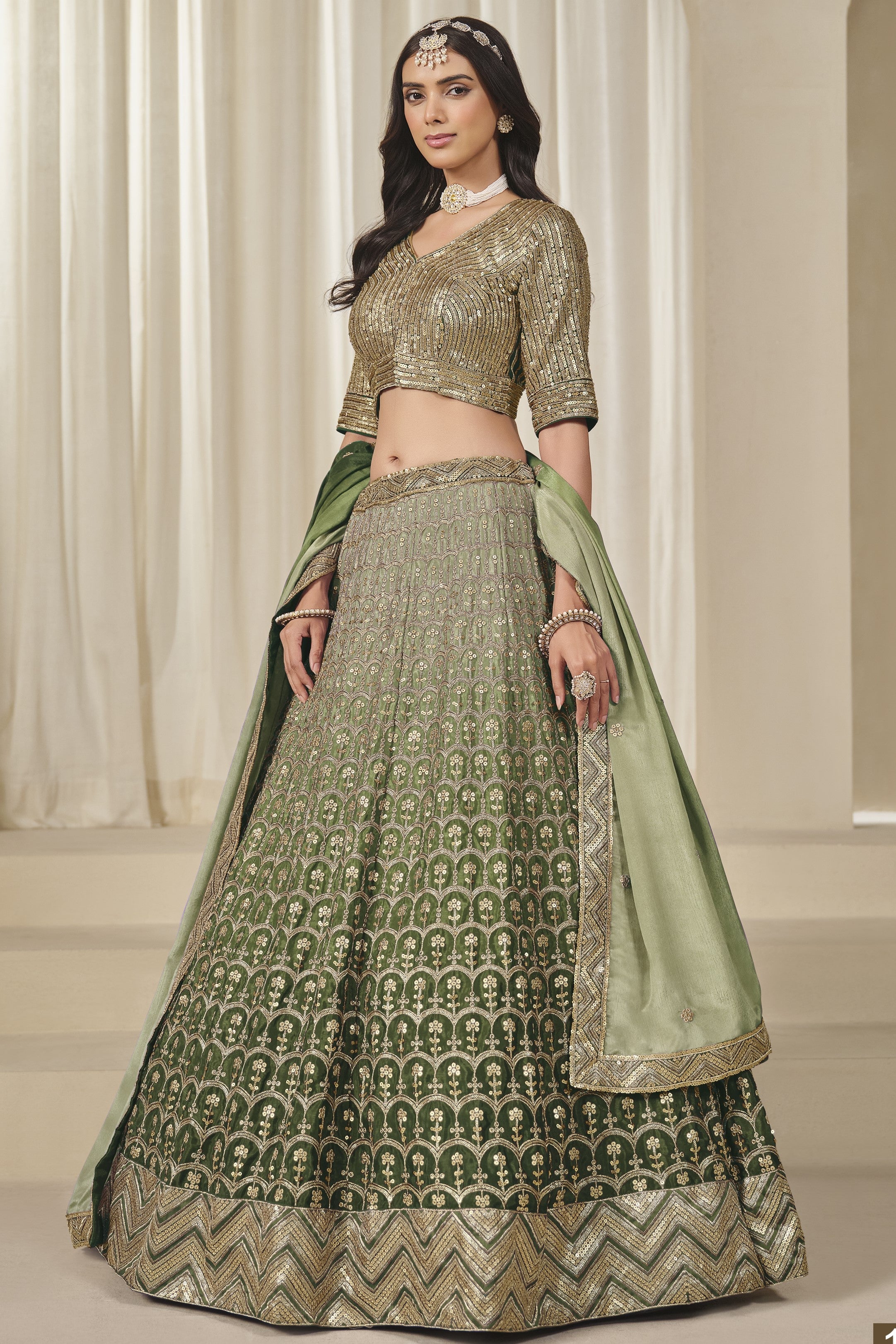 Green Chinon Silk Dual Color Lehenga Choli For Indian & Pakistani Wedding Festival - Thread & Sequence Embroidery Work
