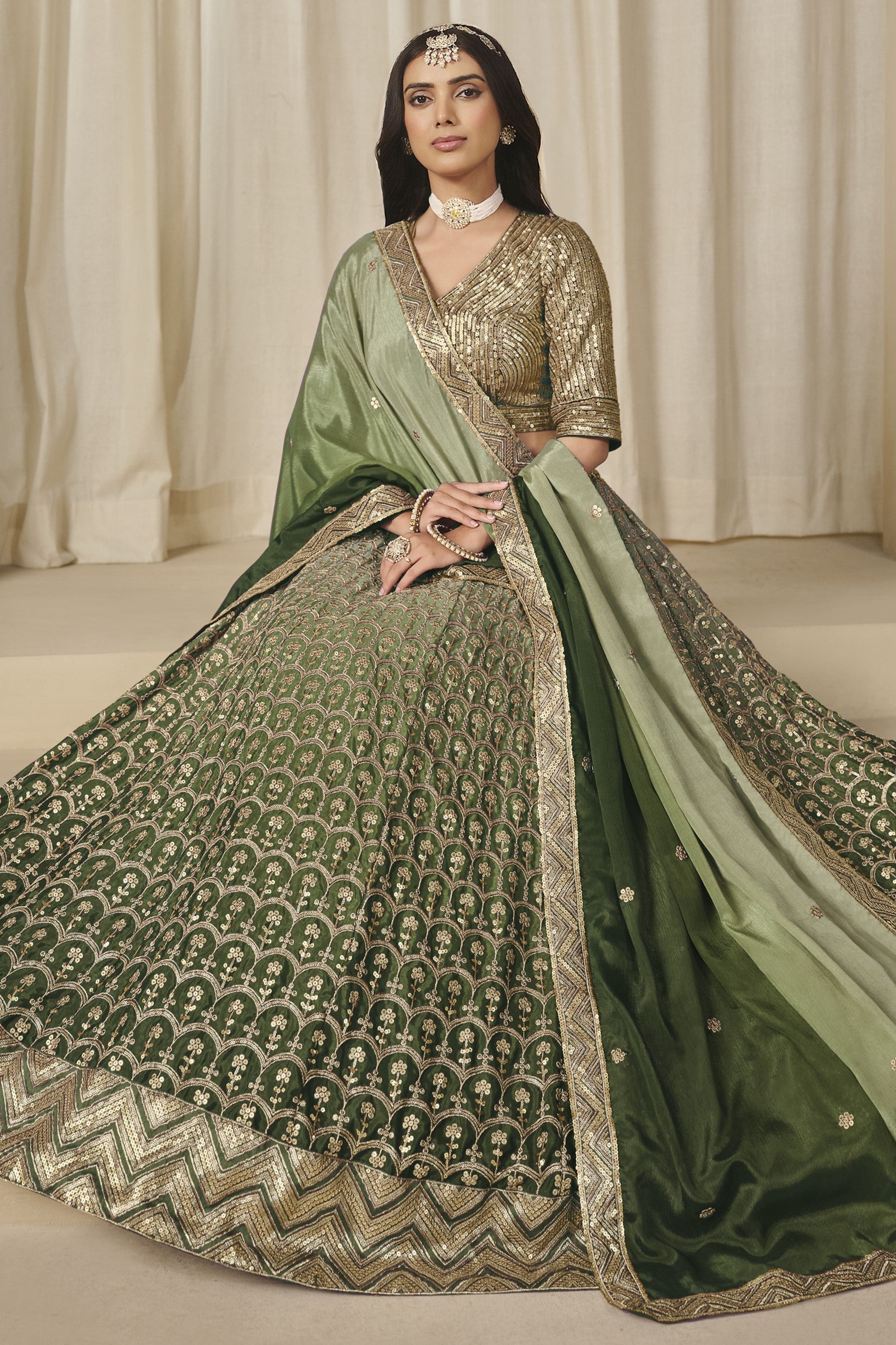 Green Chinon Silk Dual Color Lehenga Choli For Indian & Pakistani Wedding Festival - Thread & Sequence Embroidery Work