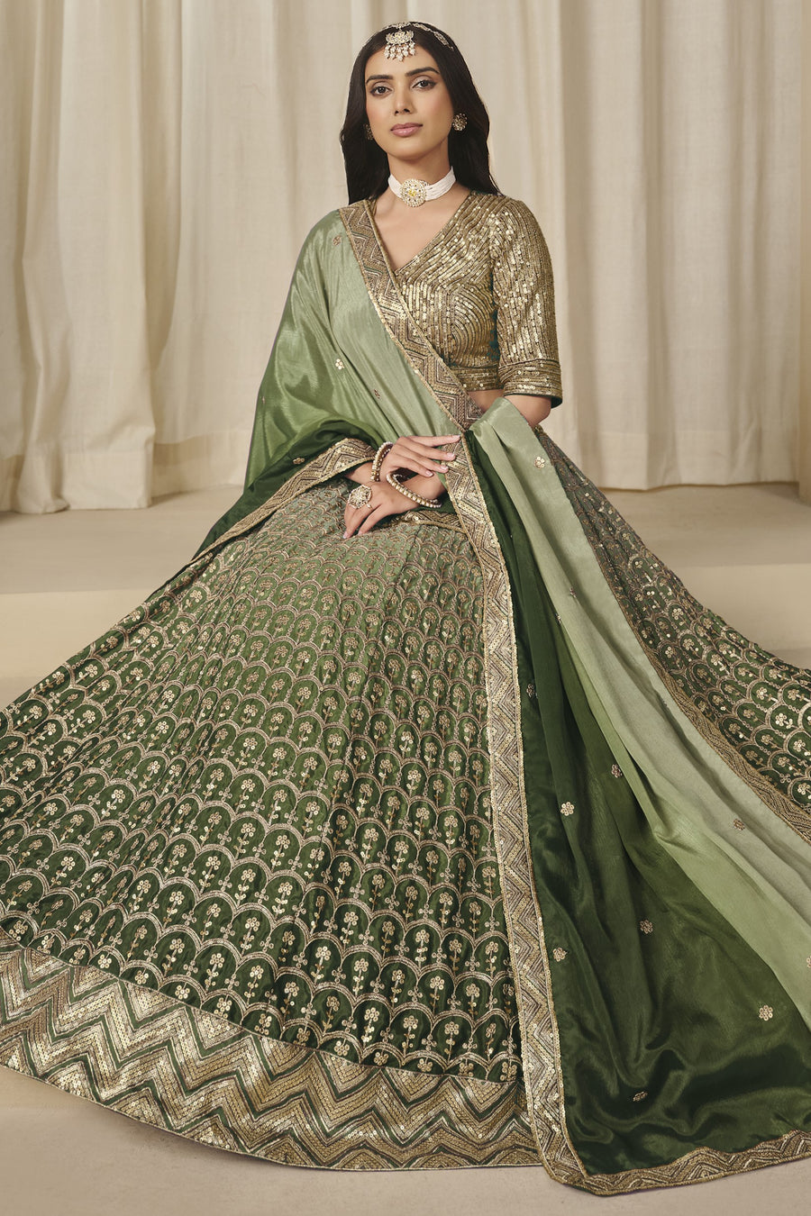 Green Chinon Silk Dual Color Lehenga Choli For Indian & Pakistani Wedding Festival - Thread & Sequence Embroidery Work