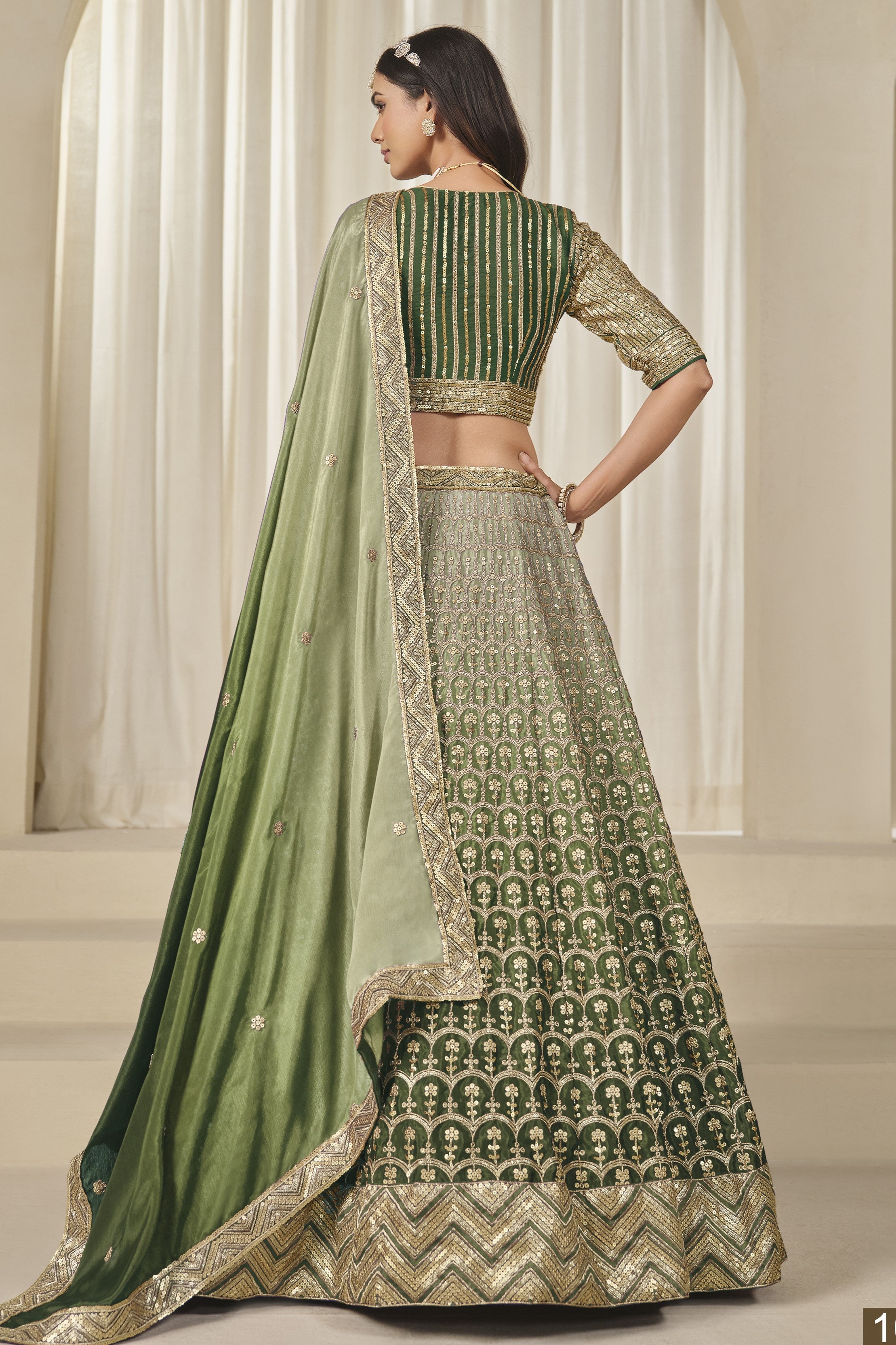 Green Chinon Silk Dual Color Lehenga Choli For Indian & Pakistani Wedding Festival - Thread & Sequence Embroidery Work