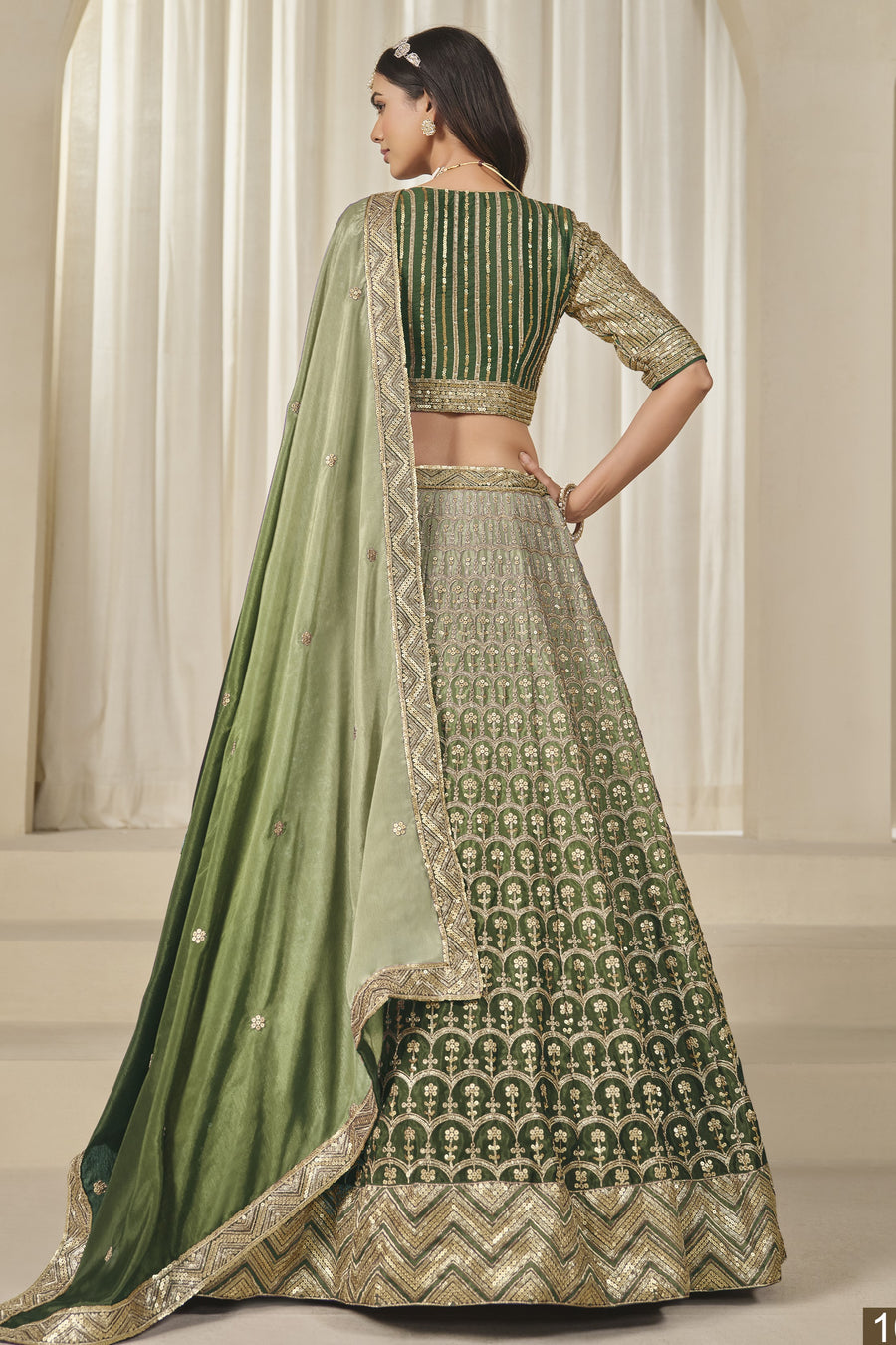Green Chinon Silk Dual Color Lehenga Choli For Indian & Pakistani Wedding Festival - Thread & Sequence Embroidery Work