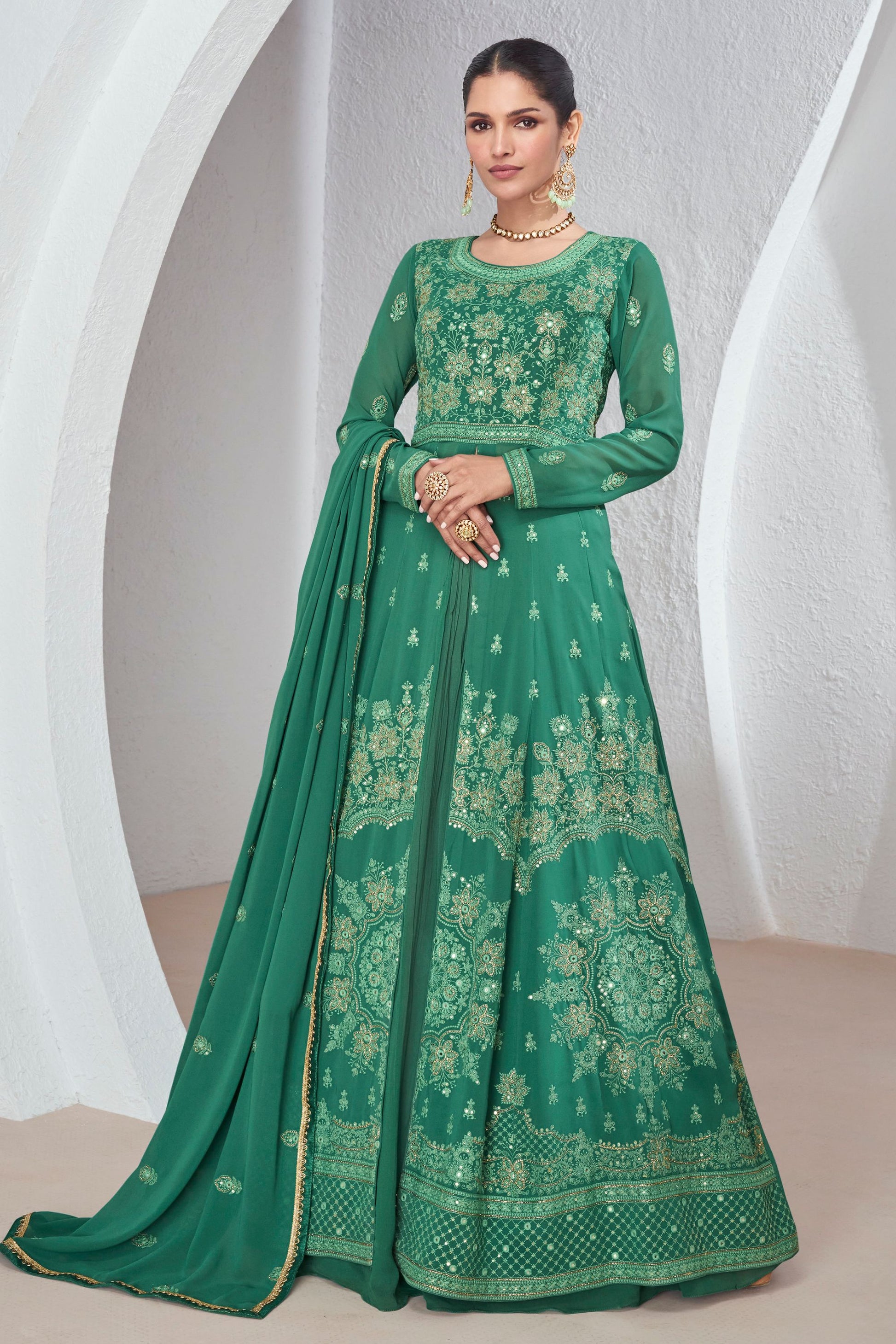 Green Chinon Silk Floor Full Length Anarkali Gown with Skirt For Indian Festivals & Weddings - Embroidery Work