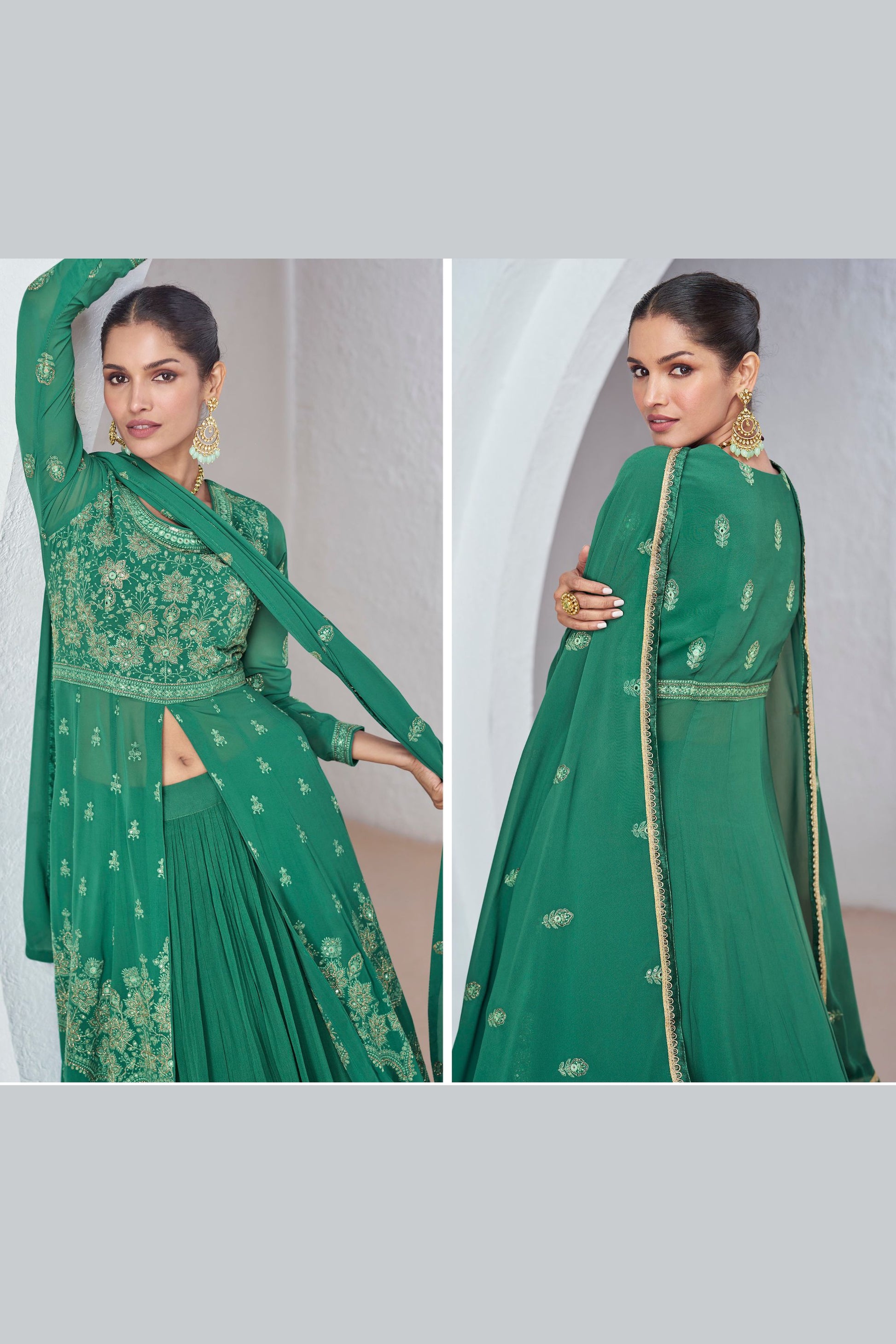 Green Chinon Silk Floor Full Length Anarkali Gown with Skirt For Indian Festivals & Weddings - Embroidery Work