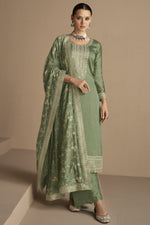 Green Chinon Silk Kameez Pant Suit For Indian Festivals & Weddings - Thread Embroidery Work,