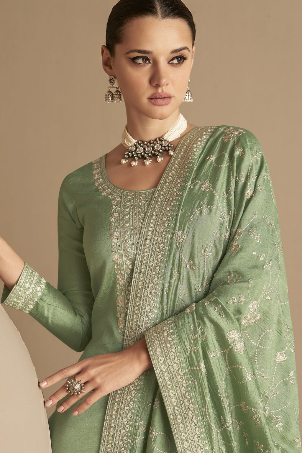 Green Chinon Silk Plus Size Upto 5XL Size Kameez Pant Suit For Indian Festivals & Weddings - Thread Embroidery Work,