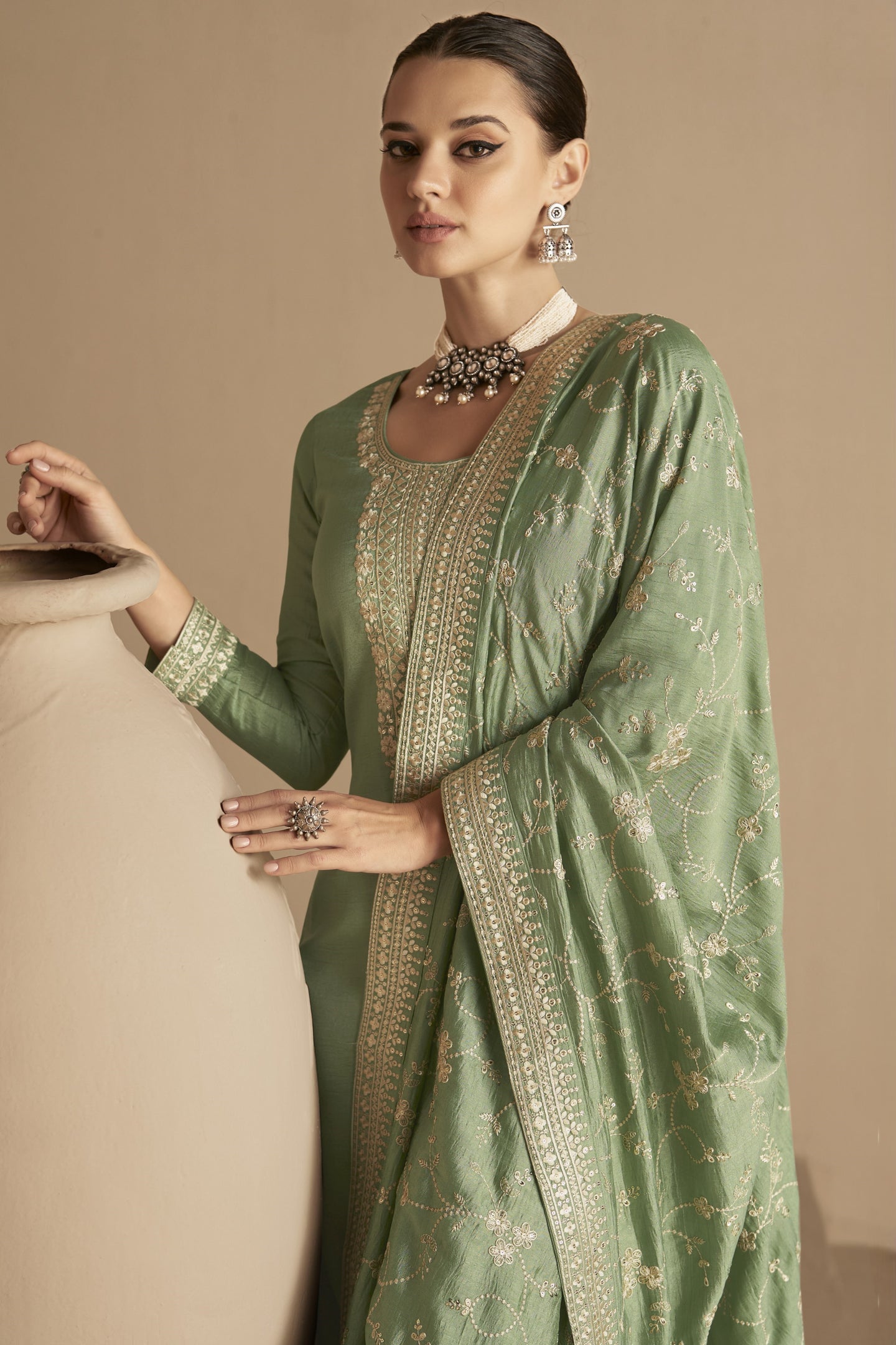 Green Chinon Silk Plus Size Upto 5XL Size Kameez Pant Suit For Indian Festivals & Weddings - Thread Embroidery Work,