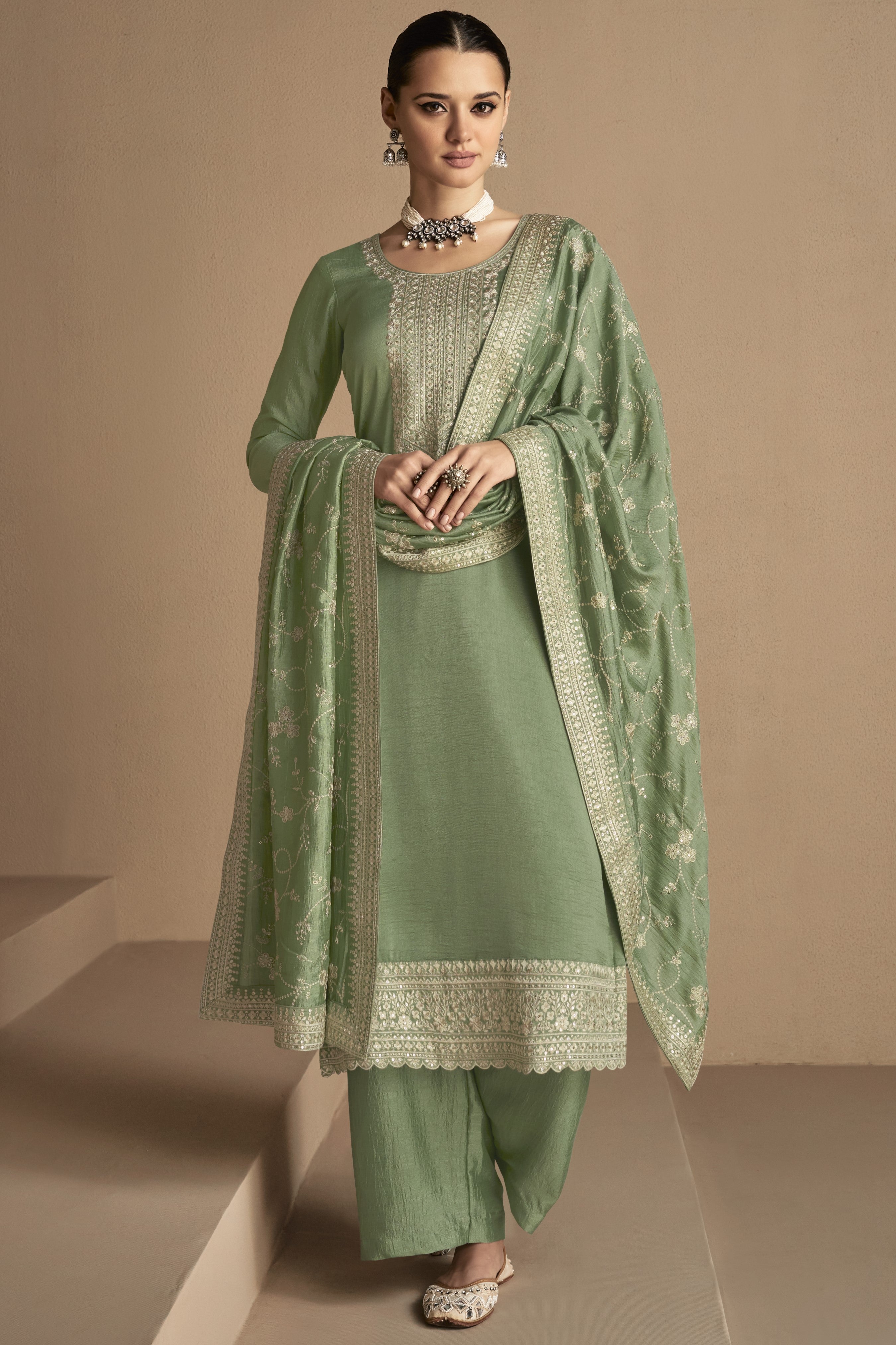 Green Chinon Silk Plus Size Upto 5XL Size Kameez Pant Suit For Indian Festivals & Weddings - Thread Embroidery Work,