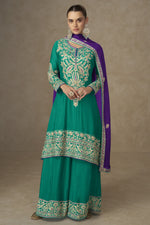 Green Chinon Silk Kameez With Plazo Suit For Indian & Pakistani Wedding Festival - Thread & Sequence Embroidery