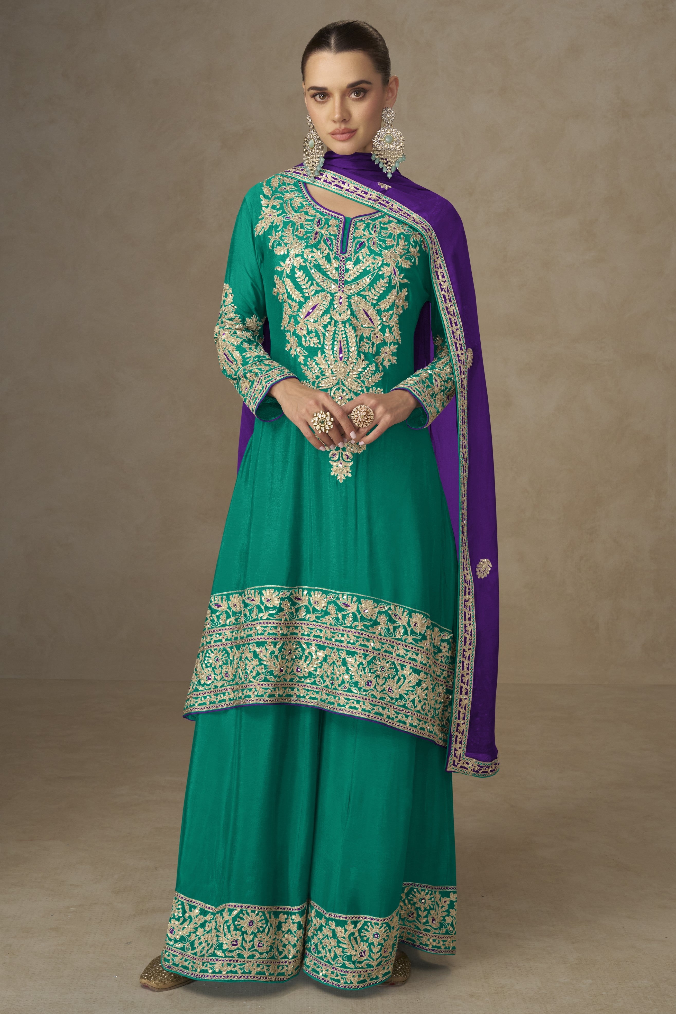 Green Chinon Silk Kameez With Plazo Suit For Indian & Pakistani Wedding Festival - Thread & Sequence Embroidery