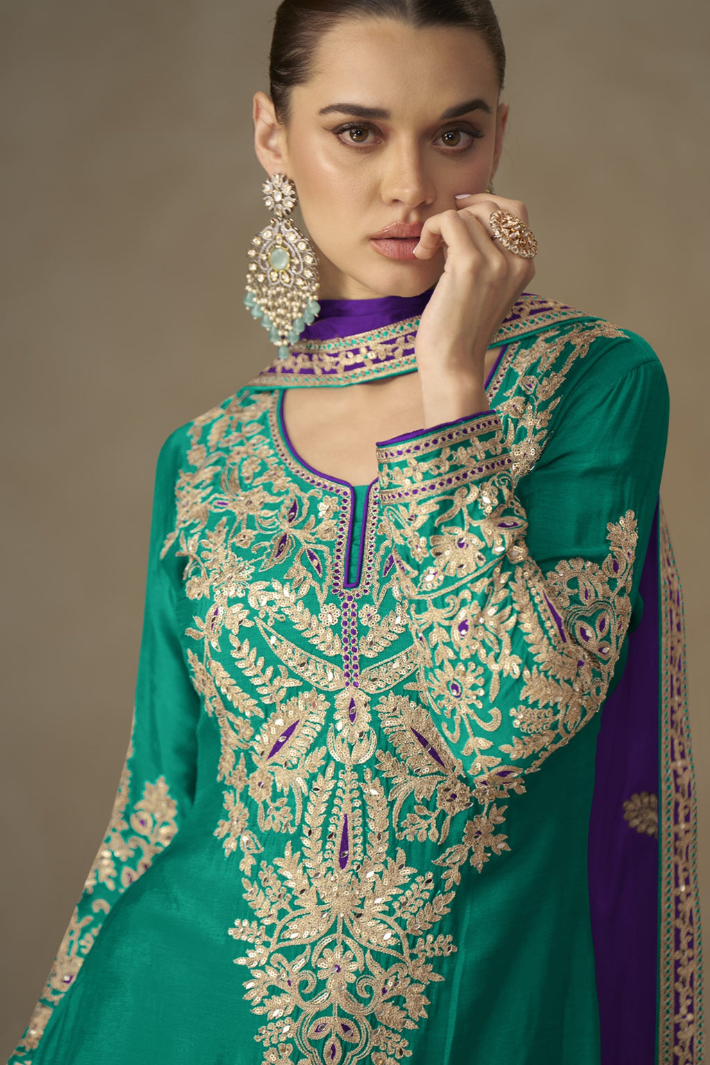Green Chinon Silk Kameez With Plazo Suit For Indian & Pakistani Wedding Festival - Thread & Sequence Embroidery