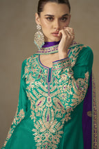 Green Chinon Silk Kameez With Plazo Suit For Indian & Pakistani Wedding Festival - Thread & Sequence Embroidery