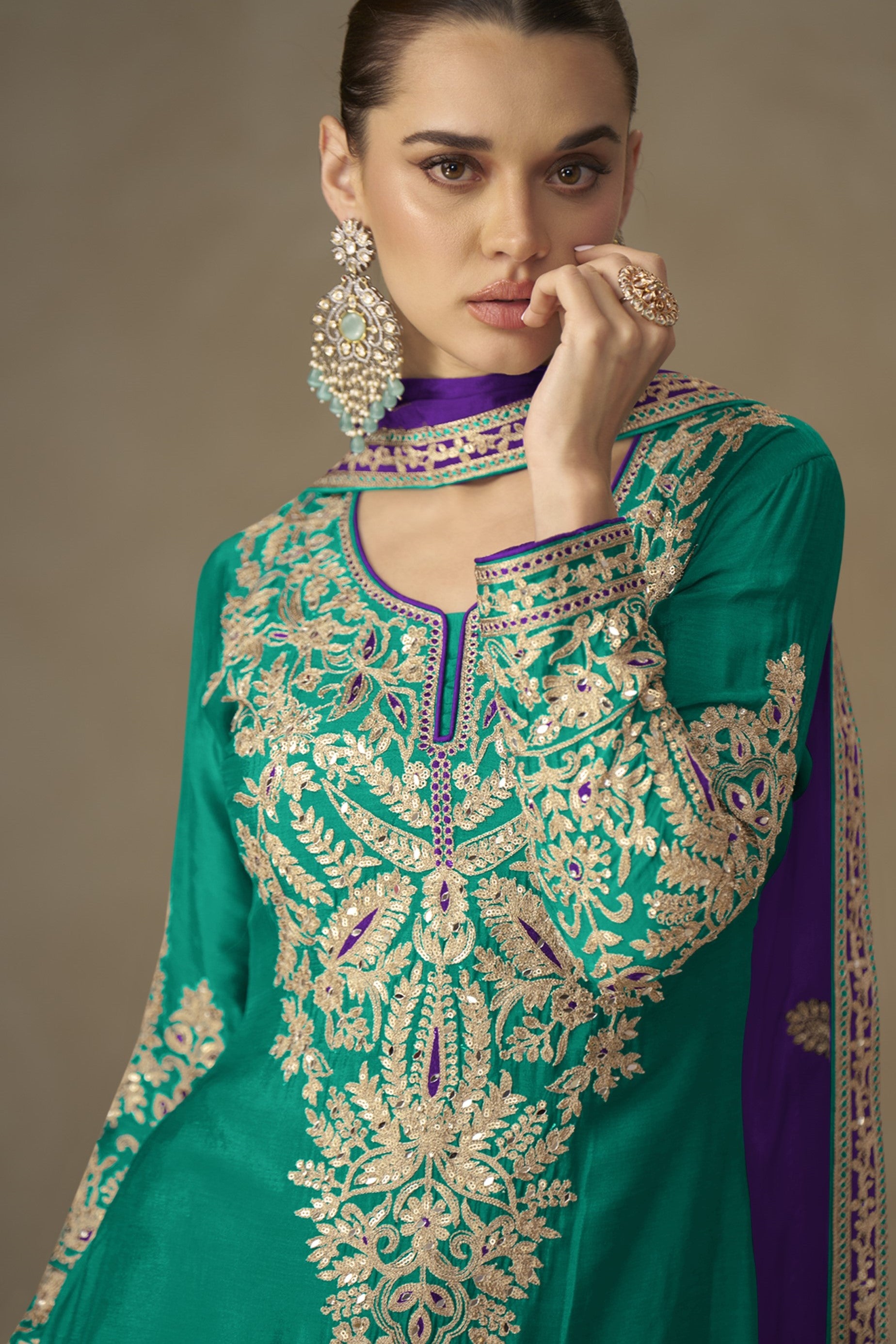 Green Chinon Silk Kameez With Plazo Suit For Indian & Pakistani Wedding Festival - Thread & Sequence Embroidery