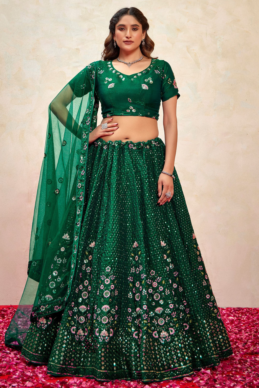 Green Silk Lehenga Choli For Indian Festivals & Pakistani Weddings Dress - Thread Embroidery Work, Sequence Embroidery Work