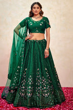 Green Silk Lehenga Choli For Indian Festivals & Pakistani Weddings Dress - Thread Embroidery Work, Sequence Embroidery Work