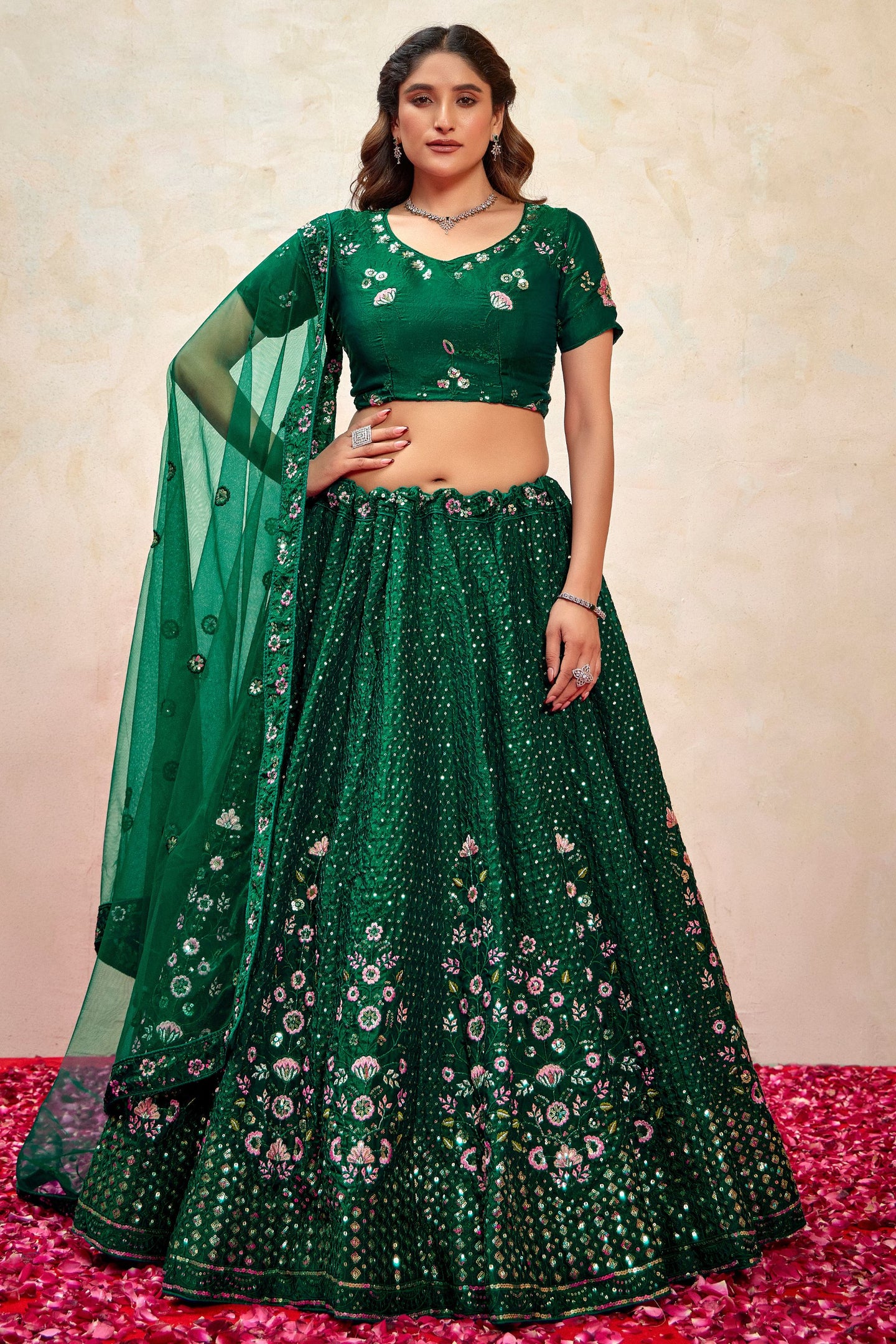 Green Silk Lehenga Choli For Indian Festivals & Pakistani Weddings Dress - Thread Embroidery Work, Sequence Embroidery Work