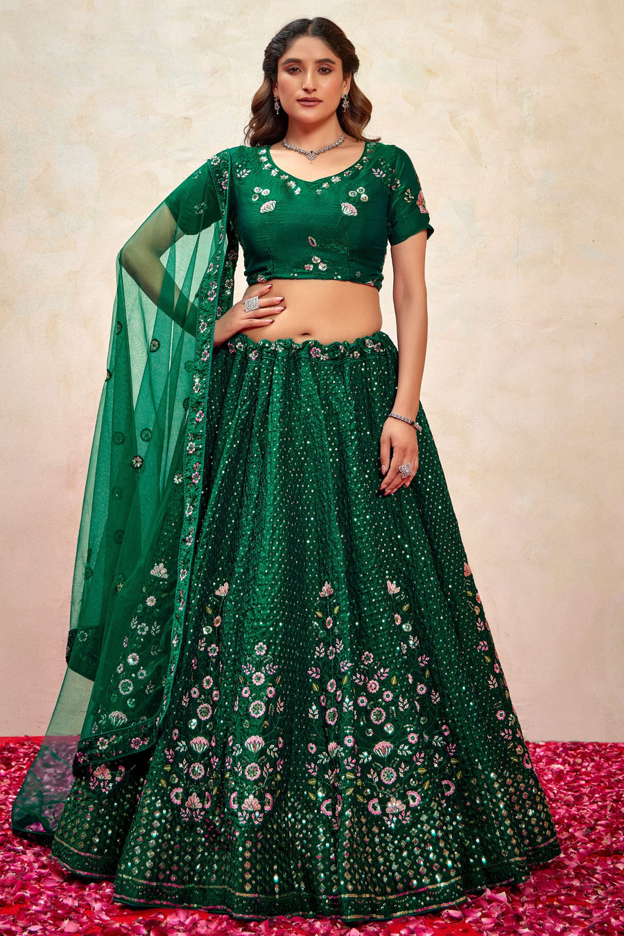 Green Silk Lehenga Choli For Indian Festivals & Pakistani Weddings Dress - Thread Embroidery Work, Sequence Embroidery Work