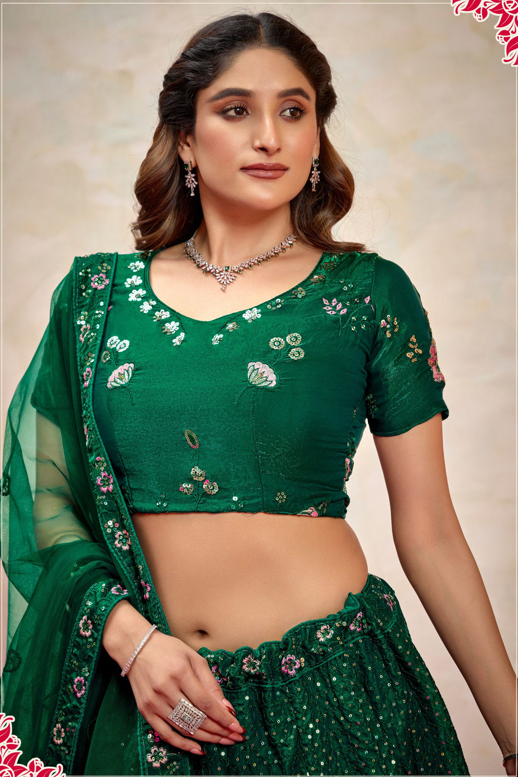 Green Silk Lehenga Choli For Indian Festivals & Pakistani Weddings Dress - Thread Embroidery Work, Sequence Embroidery Work