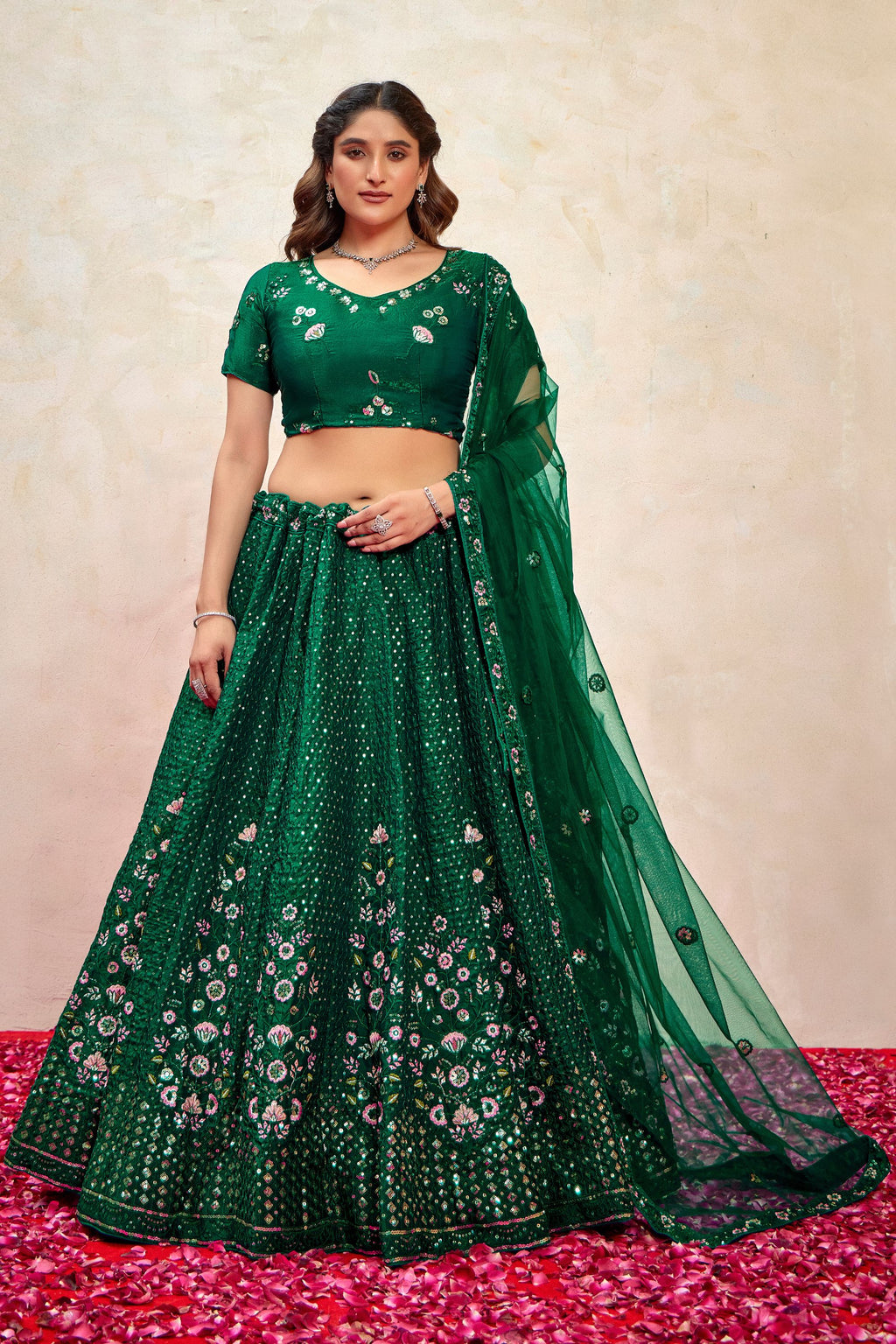 Green Silk Lehenga Choli For Indian Festivals & Pakistani Weddings Dress - Thread Embroidery Work, Sequence Embroidery Work