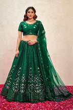 Green Silk Lehenga Choli For Indian Festivals & Pakistani Weddings Dress - Thread Embroidery Work, Sequence Embroidery Work