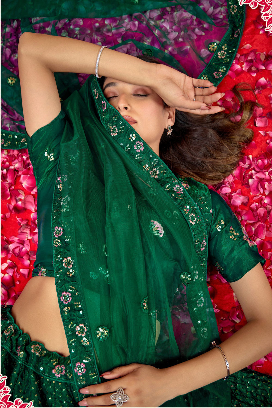 Green Silk Lehenga Choli For Indian Festivals & Pakistani Weddings Dress - Thread Embroidery Work, Sequence Embroidery Work