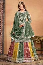 Green Chinon Silk Kameez with Skirt Multicolor Skirt For Indian Festivals & Pakistani Weddings - Thread Embroidery Work