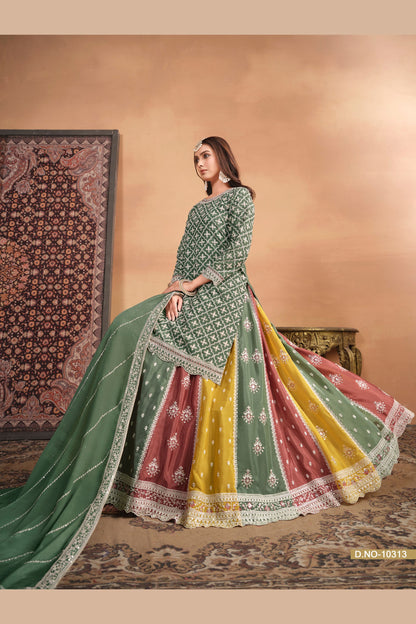 Green Chinon Silk Lehenga Choli with Multicolor Lehenga For Indian Festivals & Pakistani Weddings - Thread Embroidery Work