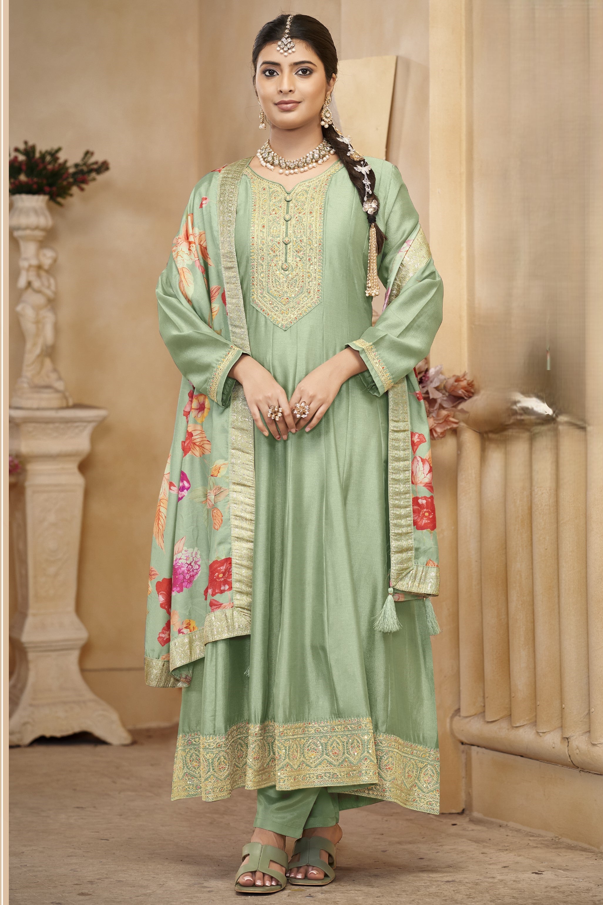 Green Chinon Silk Long Kameez Pant Suit For Indian Festivals & Weddings - Embroidery Work, Print Work