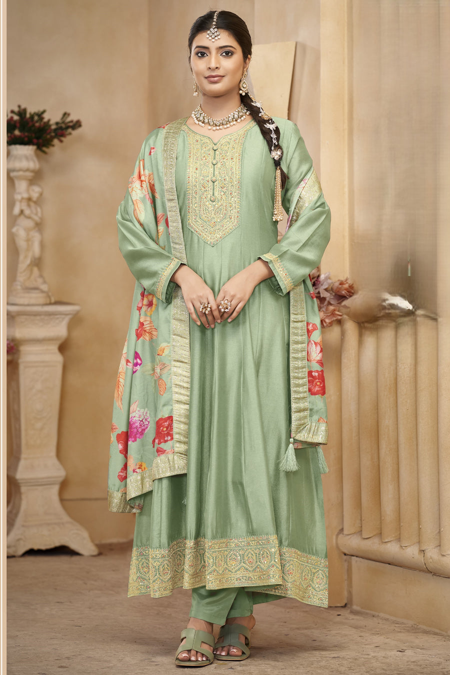 Green Chinon Silk Long Kameez Pant Suit For Indian Festivals & Weddings - Embroidery Work, Print Work
