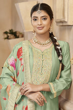 Green Chinon Silk Long Kameez Pant Suit For Indian Festivals & Weddings - Embroidery Work, Print Work