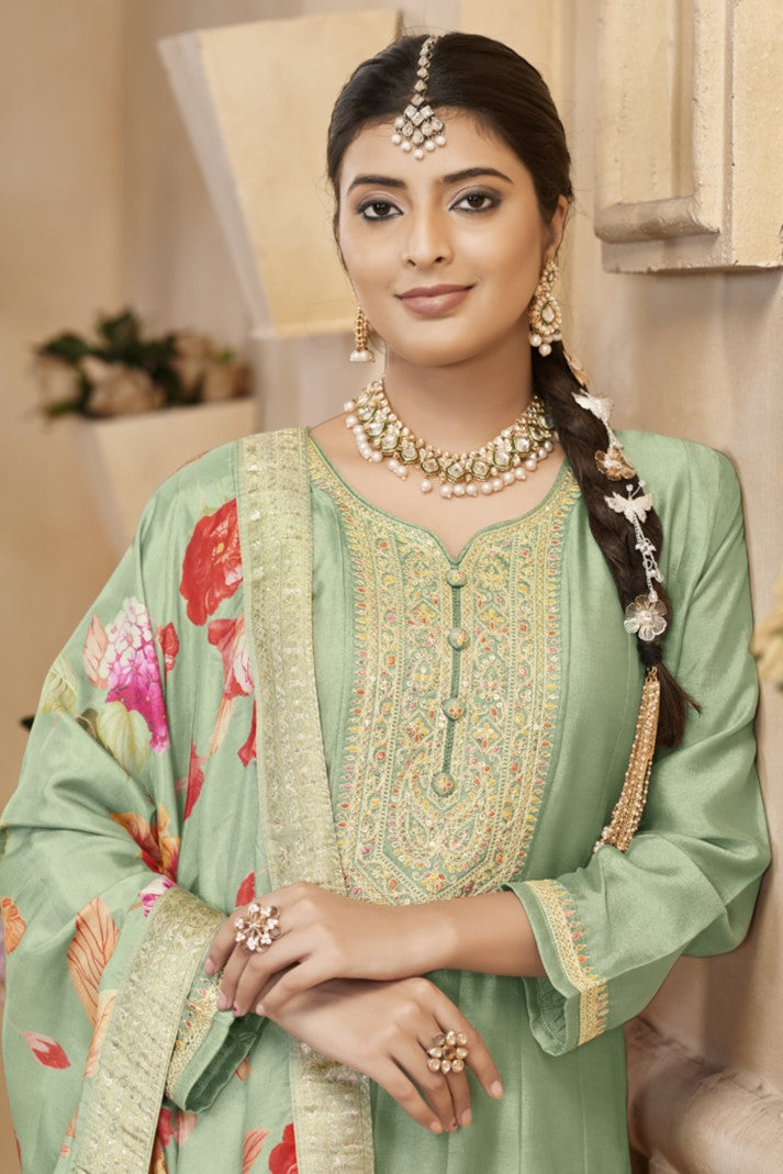 Green Chinon Silk Long Kameez Pant Suit For Indian Festivals & Weddings - Embroidery Work, Print Work