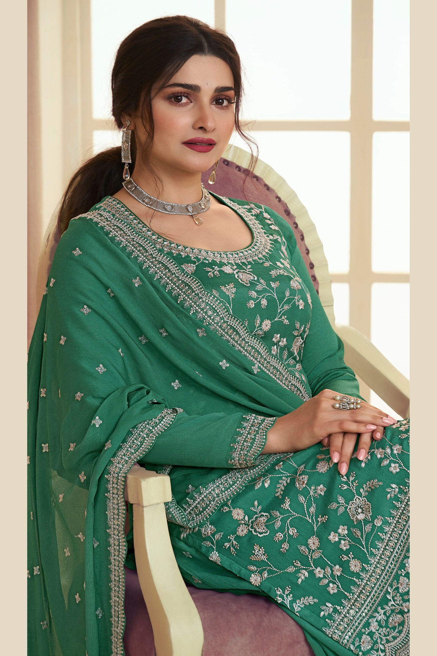 Green Chinon Silk Palazzo Suit For Indian Festivals & Pakistani Plazo Wedding Dress - Embroidery Work