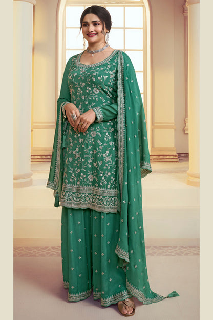 Green Chinon Silk Palazzo Suit For Indian Festivals & Pakistani Plazo Wedding Dress - Embroidery Work