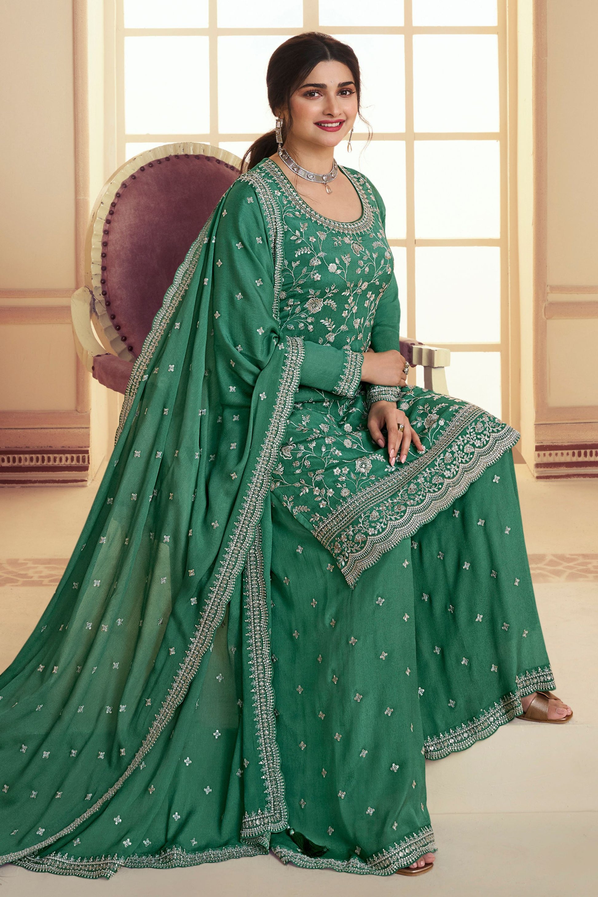 Green Chinon Silk Palazzo Suit For Indian Festivals & Pakistani Plazo Wedding Dress - Embroidery Work