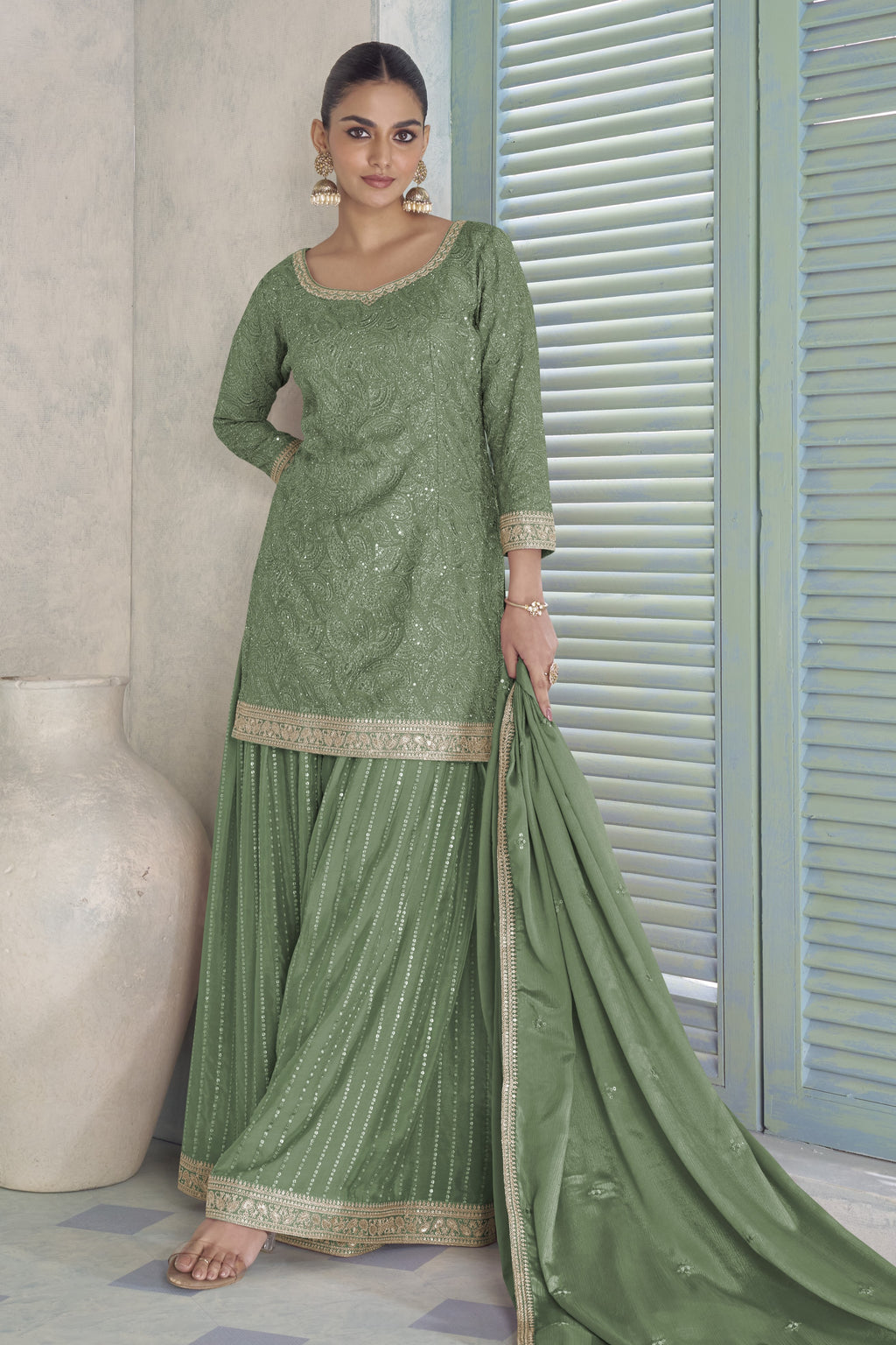 Green Chinon Silk Plazo Dress for Women with Thread Embroidery