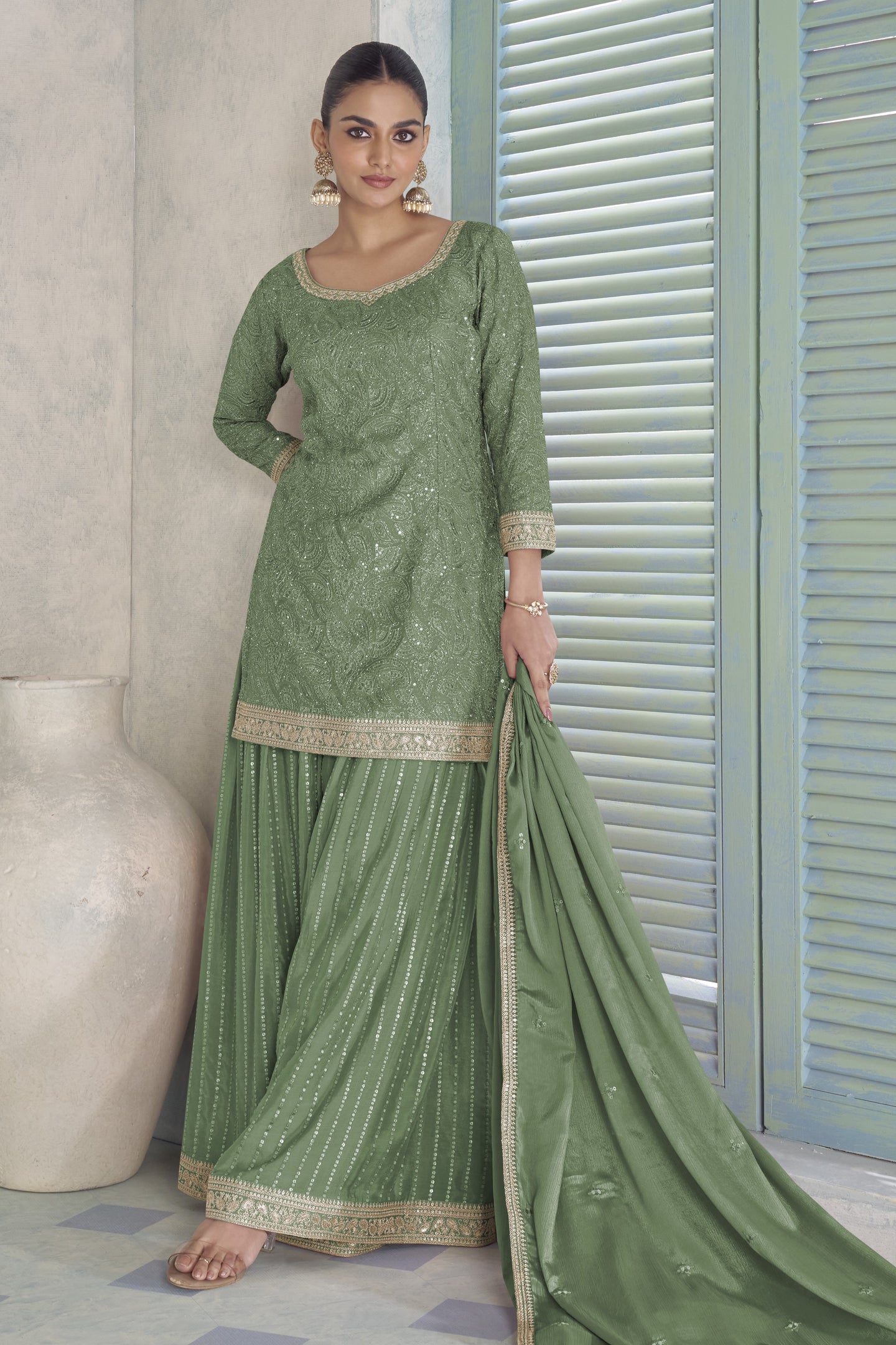 Green Chinon Silk Plazo Dress for Women with Thread Embroidery