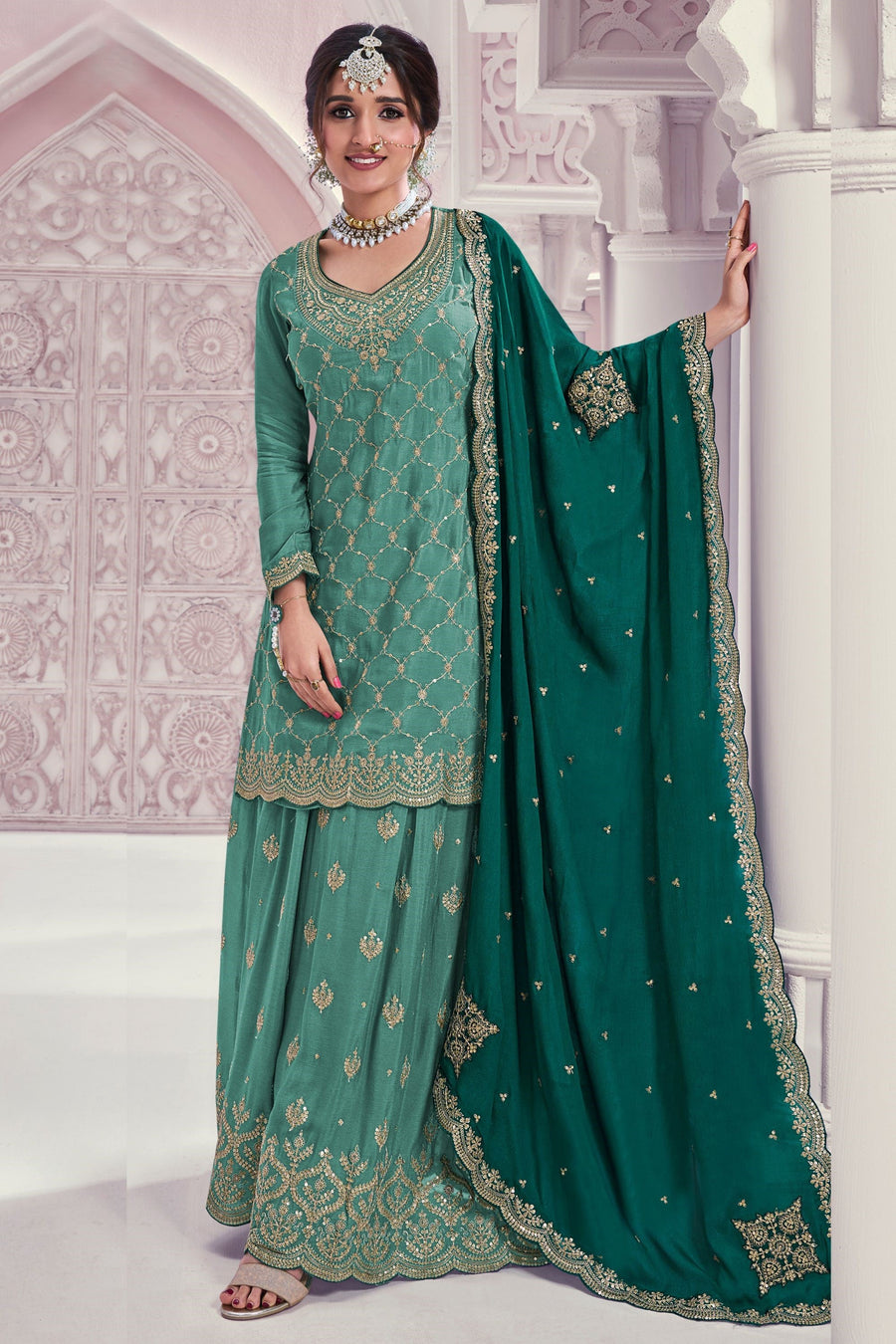 Green Chinon Silk Plazo Suit For Indian & Pakistani Wedding Festival - Thread & Sequence Embroidery Work