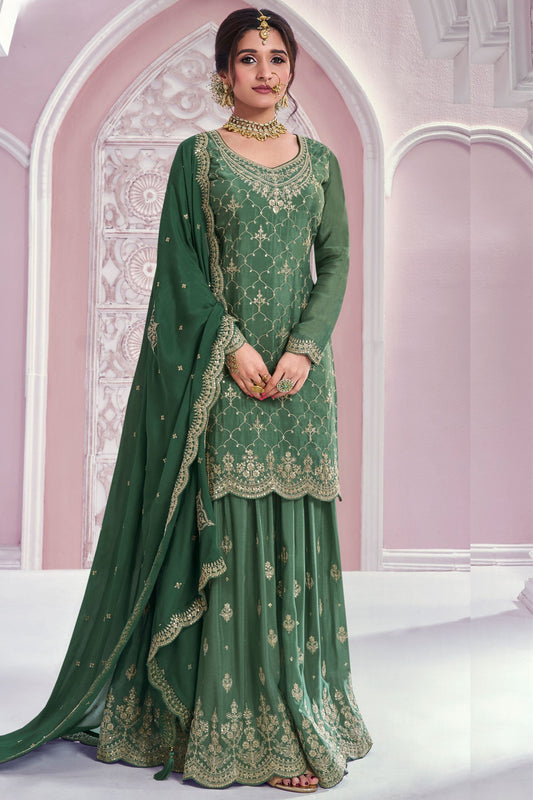 Green Chinon Silk Plazo Suit For Indian & Pakistani Wedding Festival - Thread & Sequence Embroidery Work