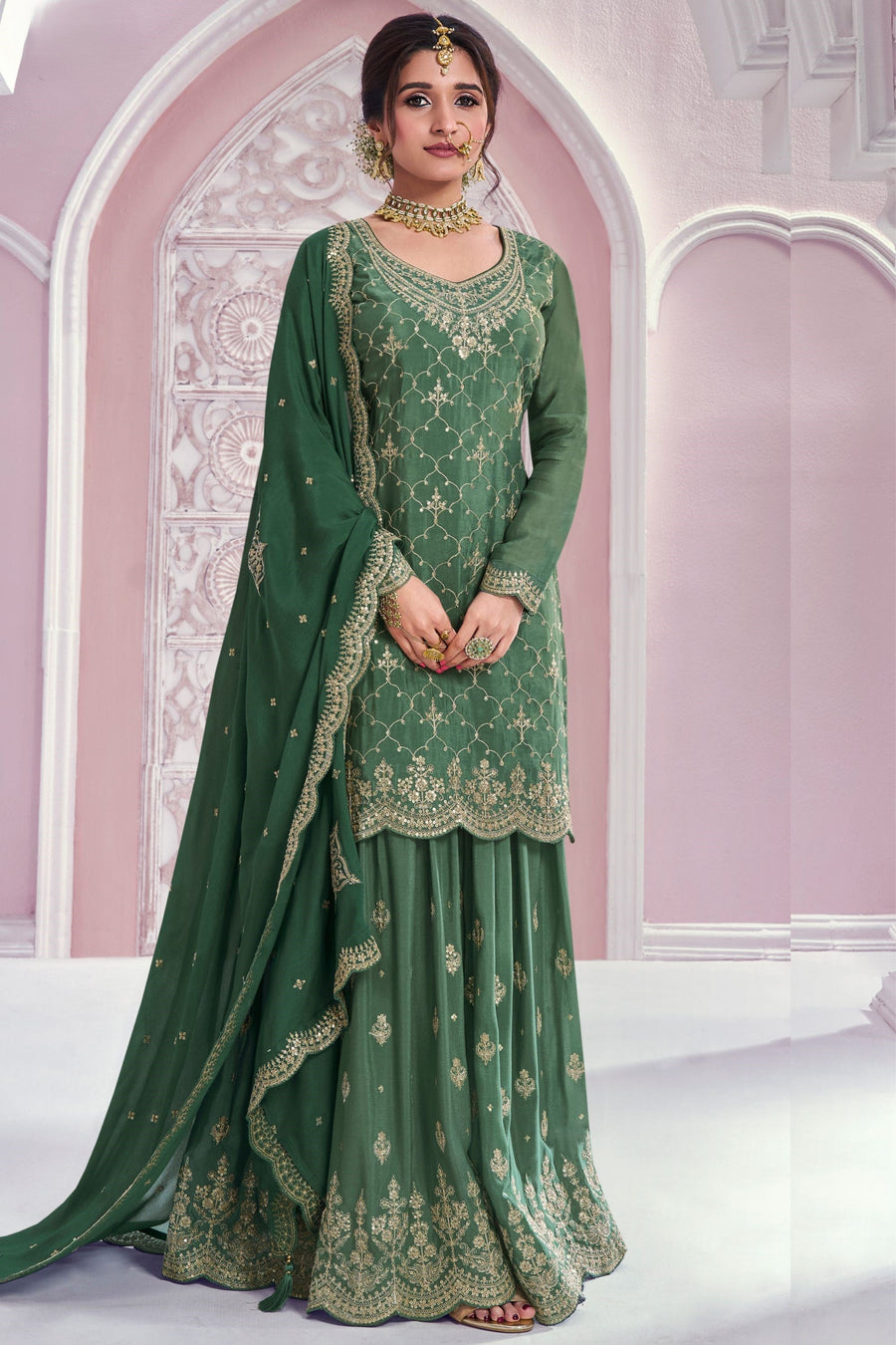 Green Chinon Silk Plazo Suit For Indian & Pakistani Wedding Festival - Thread & Sequence Embroidery Work
