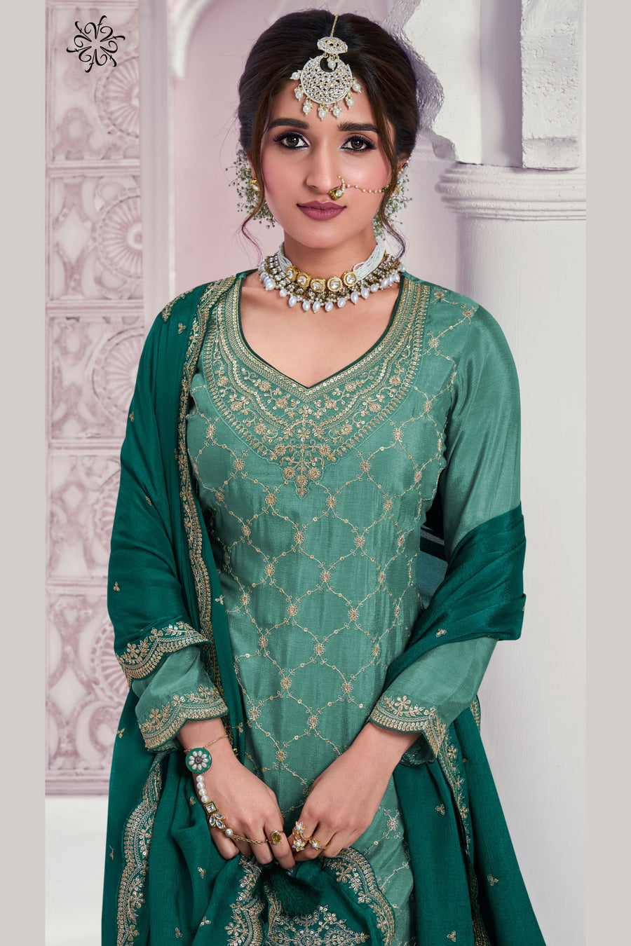 Green Chinon Silk Plazo Suit For Indian & Pakistani Wedding Festival - Thread & Sequence Embroidery Work