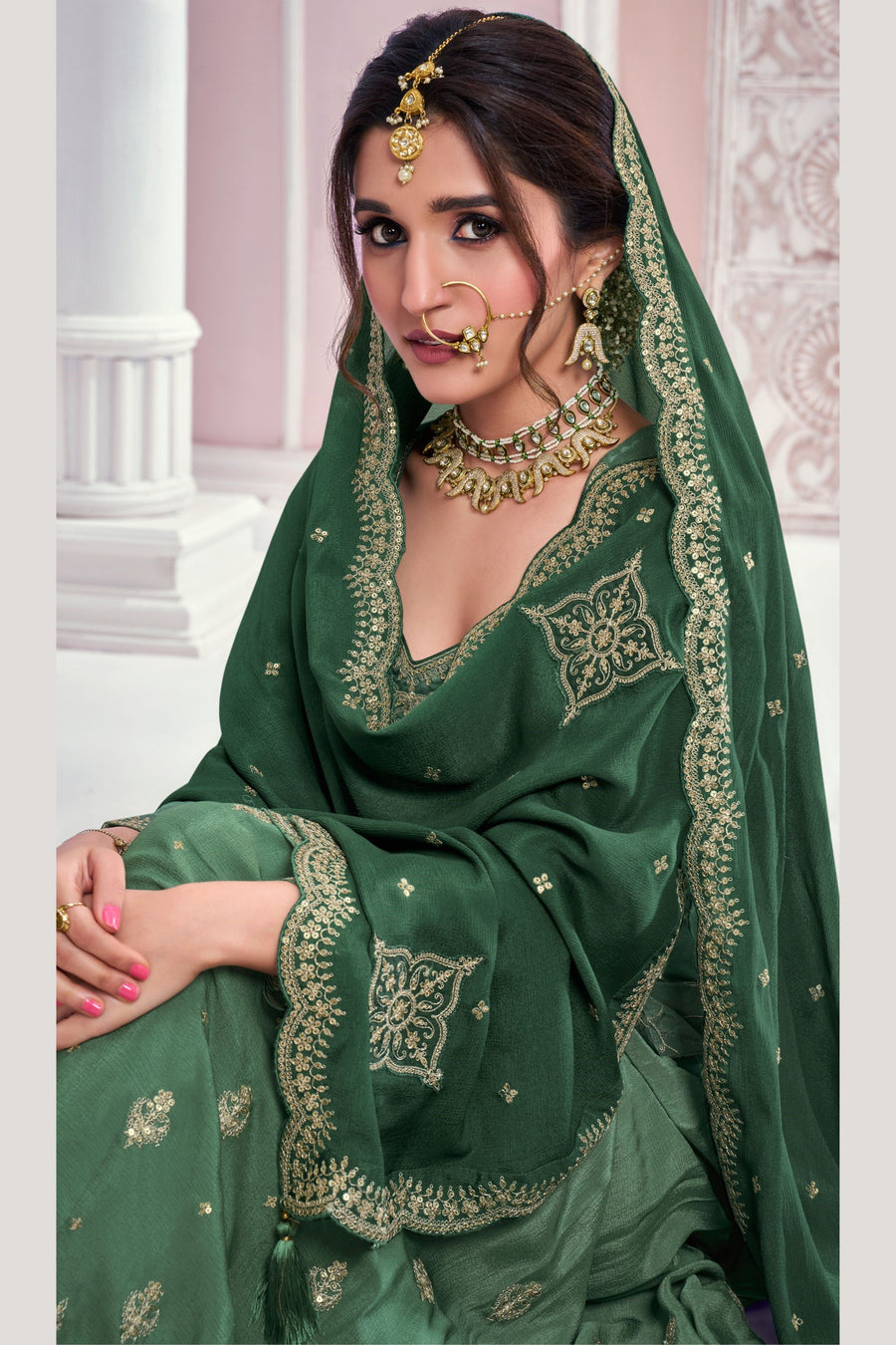 Green Chinon Silk Plazo Suit For Indian & Pakistani Wedding Festival - Thread & Sequence Embroidery Work