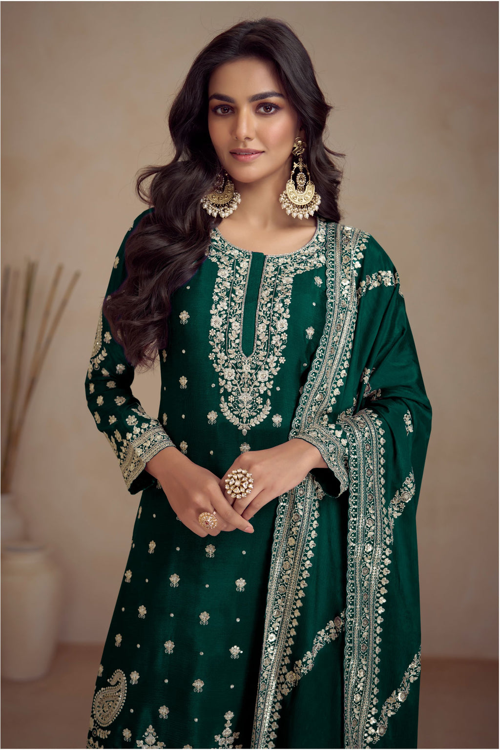Green Chinon Silk Palazzo Suit For Indian Weddings & Pakitani Festival - Embroidery Work