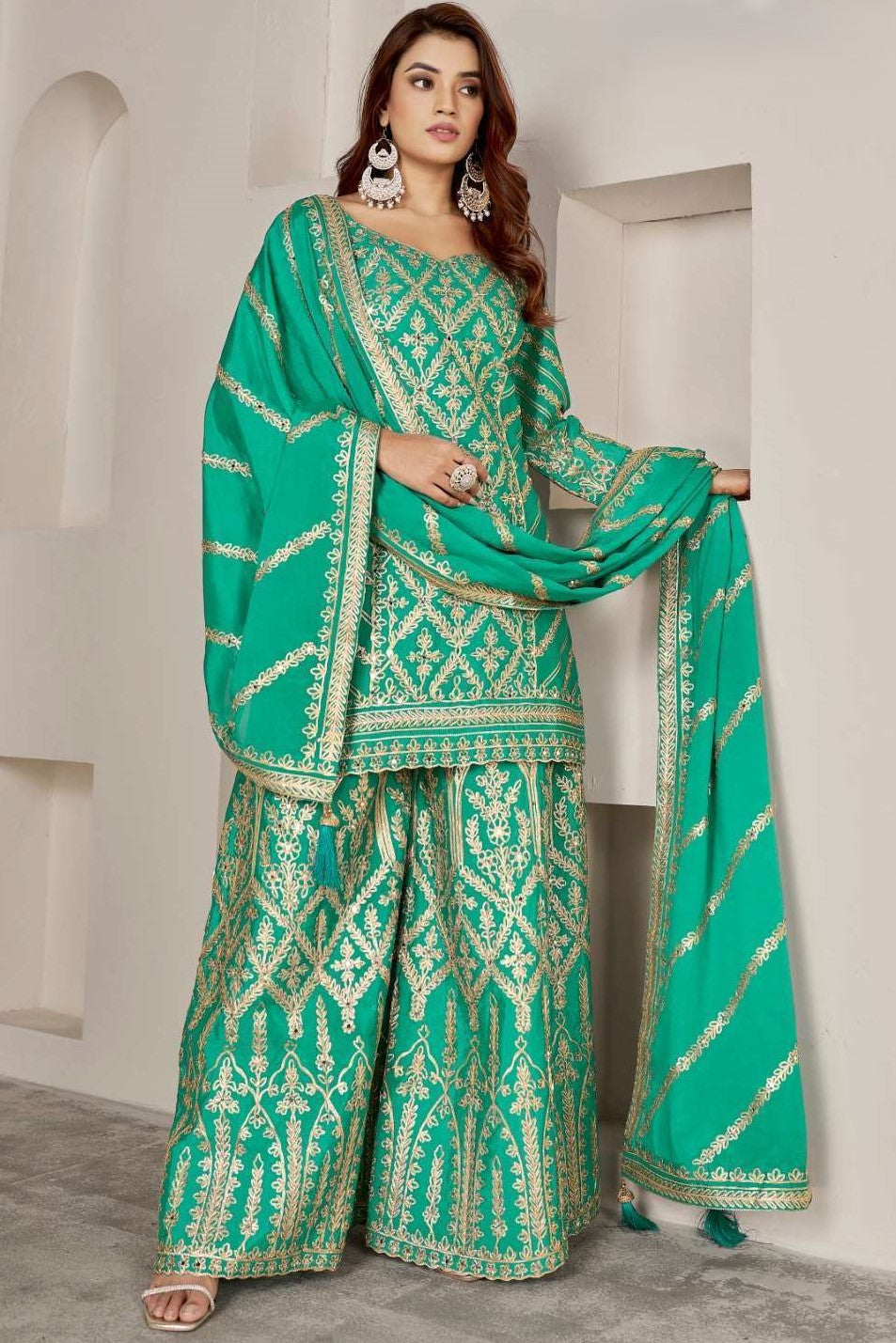 Light Green Chinon Silk Plazo Suit For Indian Weddings & Pakitani Festival - Embroidery Work, Mirror Work