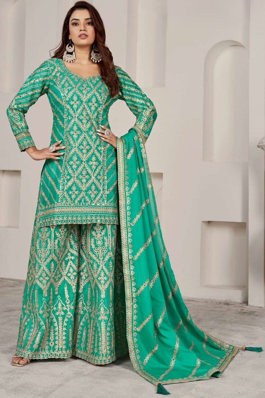 Light Green Chinon Silk Plazo Suit For Indian Weddings & Pakitani Festival - Embroidery Work, Mirror Work